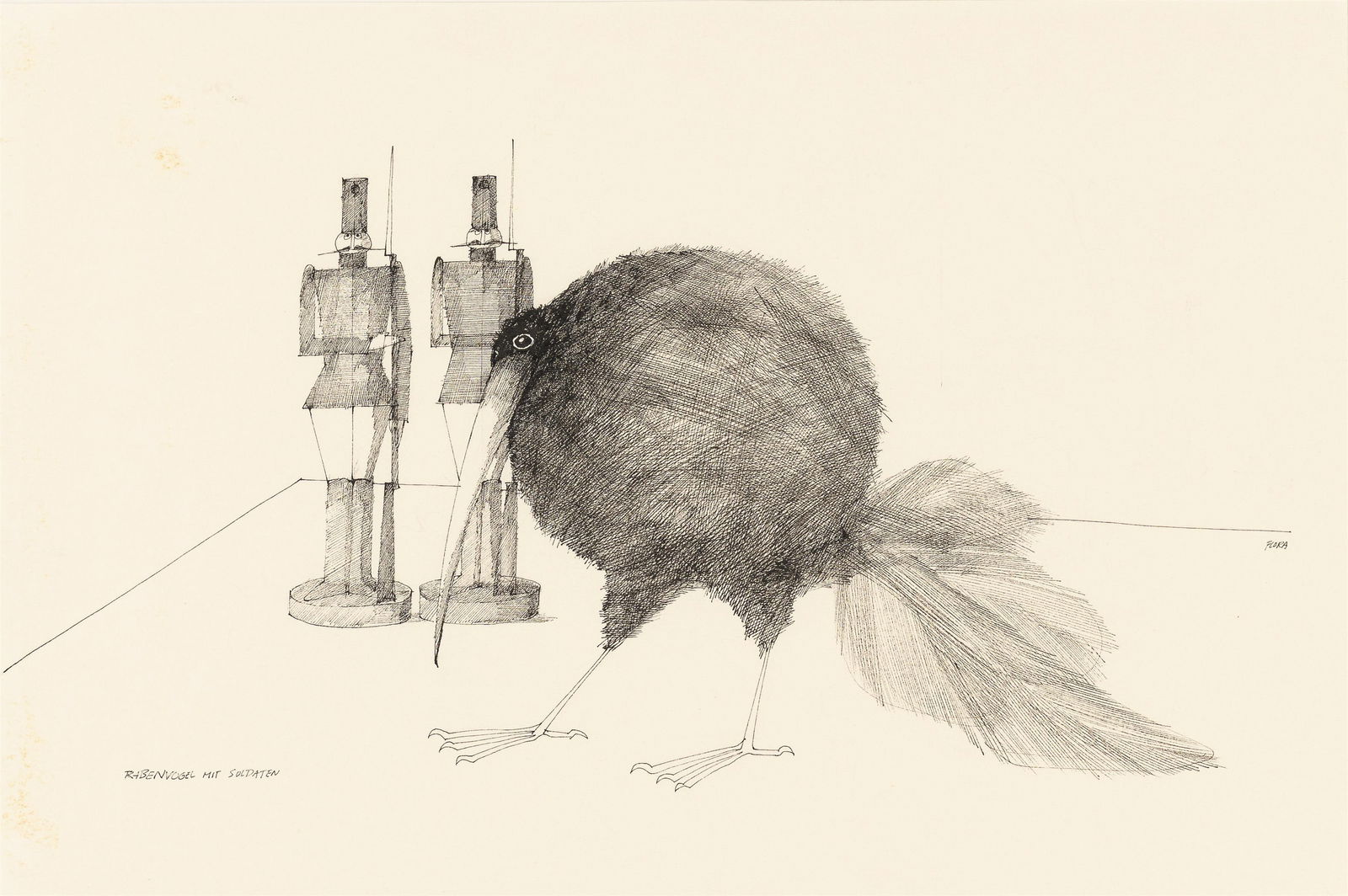 Paul Flora: Rabenvogel mit Soldaten: Paul Flora Rabenvogel mit Soldaten Tusche auf Papier; gerahmt 32,5 x 49 cm (Passep.-Ausschnitt) Signiert rechts mittig: Flora Bezeichnet links unten: Rabenvogel mit Soldaten österreichischer