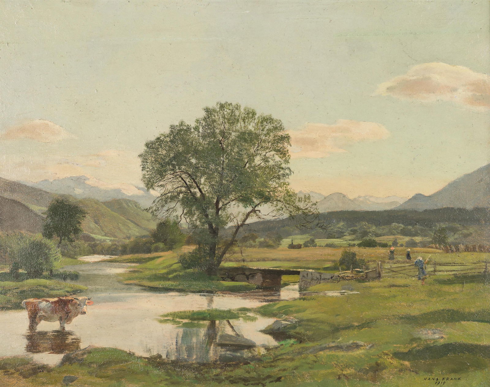 Hans Frank: Viehtränke bei Brixlegg: Hans Frank Viehtränke bei Brixlegg 1919 Öl auf Karton; gerahmt 33,5 x 43,5 cm (Rahmenausschnitt) Signiert und datiert rechts unten: Hans Frank / 1919 Rückseitig eigenhändig