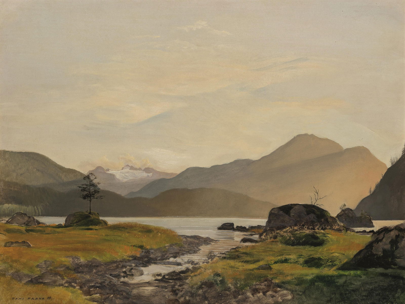 Hans Frank: Bergpanorama: Hans Frank Bergpanorama 1944 Öl auf Karton; gerahmt 48,5 x 63,5 cm (Rahmenausschnitt) Signiert und datiert links unten: Hans Frank 44 österreichischer Privatbesitz Hans Frank Mountain