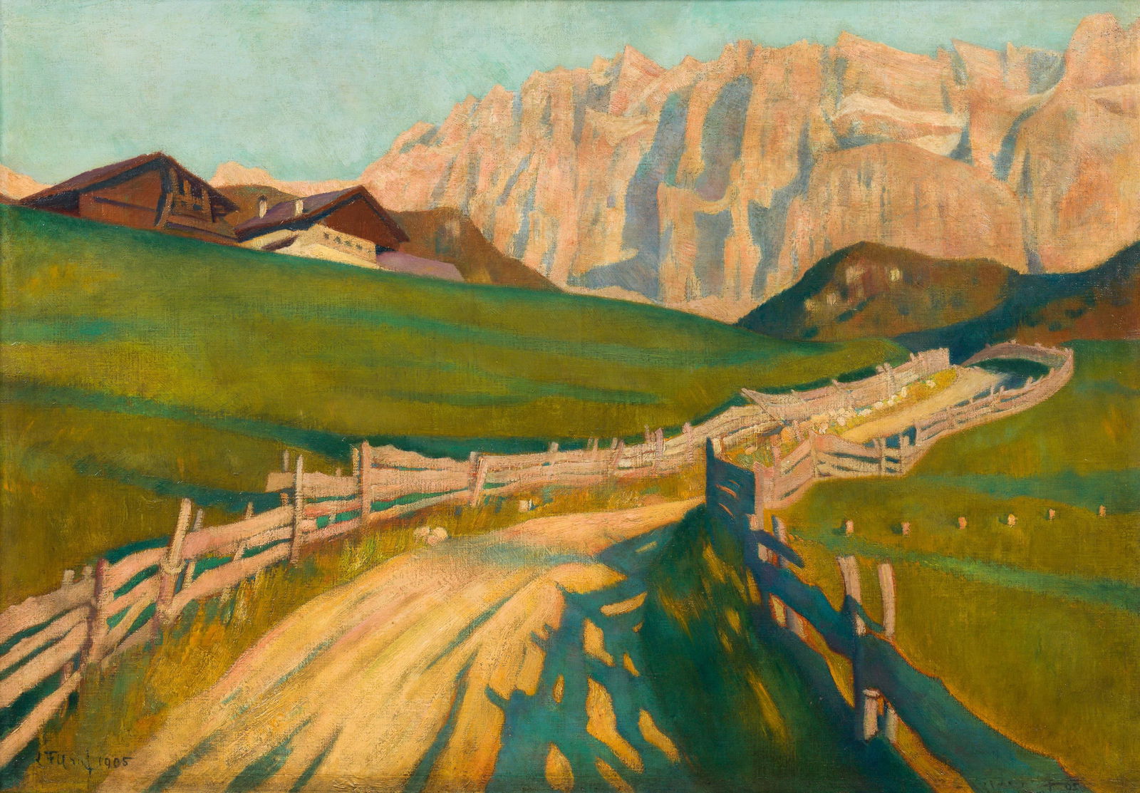 Ludwig Ferdinand Graf: Blick auf die Sellagruppe (Dolomiten): Ludwig Ferdinand Graf Blick auf die Sellagruppe (Dolomiten) 1905 Öl auf Karton auf Leinwand; gerahmt 69 x 100 cm Signiert und datiert links unten: "L F Graf 1905" sowie rechts unten Aufkleber