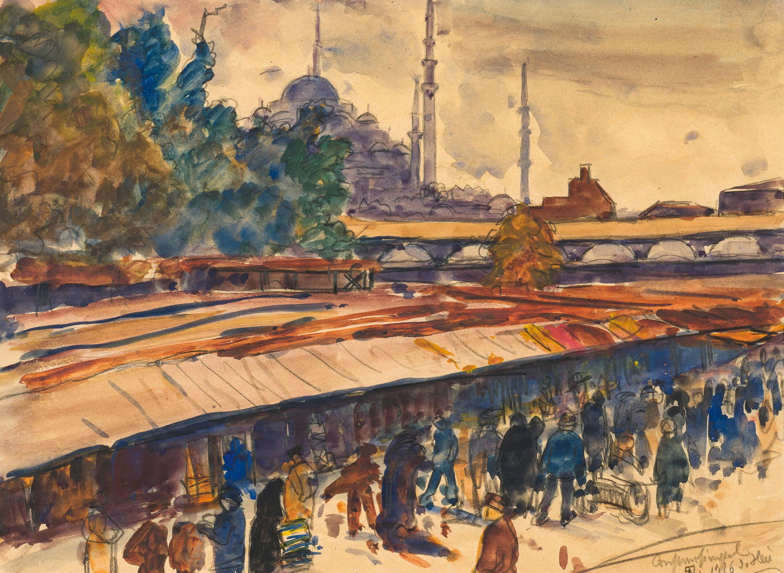 Josef Heu: Bazar in Konstantinopel: Josef Heu Bazar in Konstantinopel 1926 Aquarell auf Papier; gerahmt 25,5 x 35 cm Bezeichnet, datiert und signiert rechts unten: Constantinopel / 4./7. 1926 J. Heu Rückseitig auf Karton