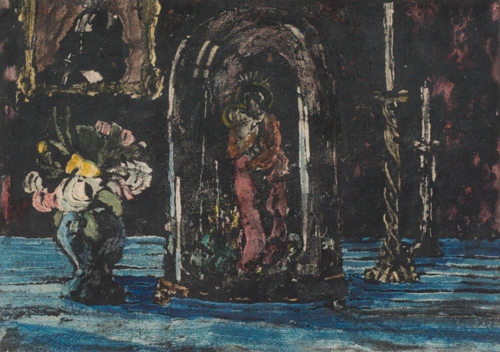 Ernst Huber: Konvolut: Vier Papierarbeiten: Ernst Huber Konvolut: Vier Papierarbeiten (Stillleben, Spaziergänger in Landschaft, Im Dorf, Im Park) Mischtechnik auf Papier; ungerahmt (in Passepartout) 10,1 x 14 cm und 12,8 x 9,4 cm (Blattma&