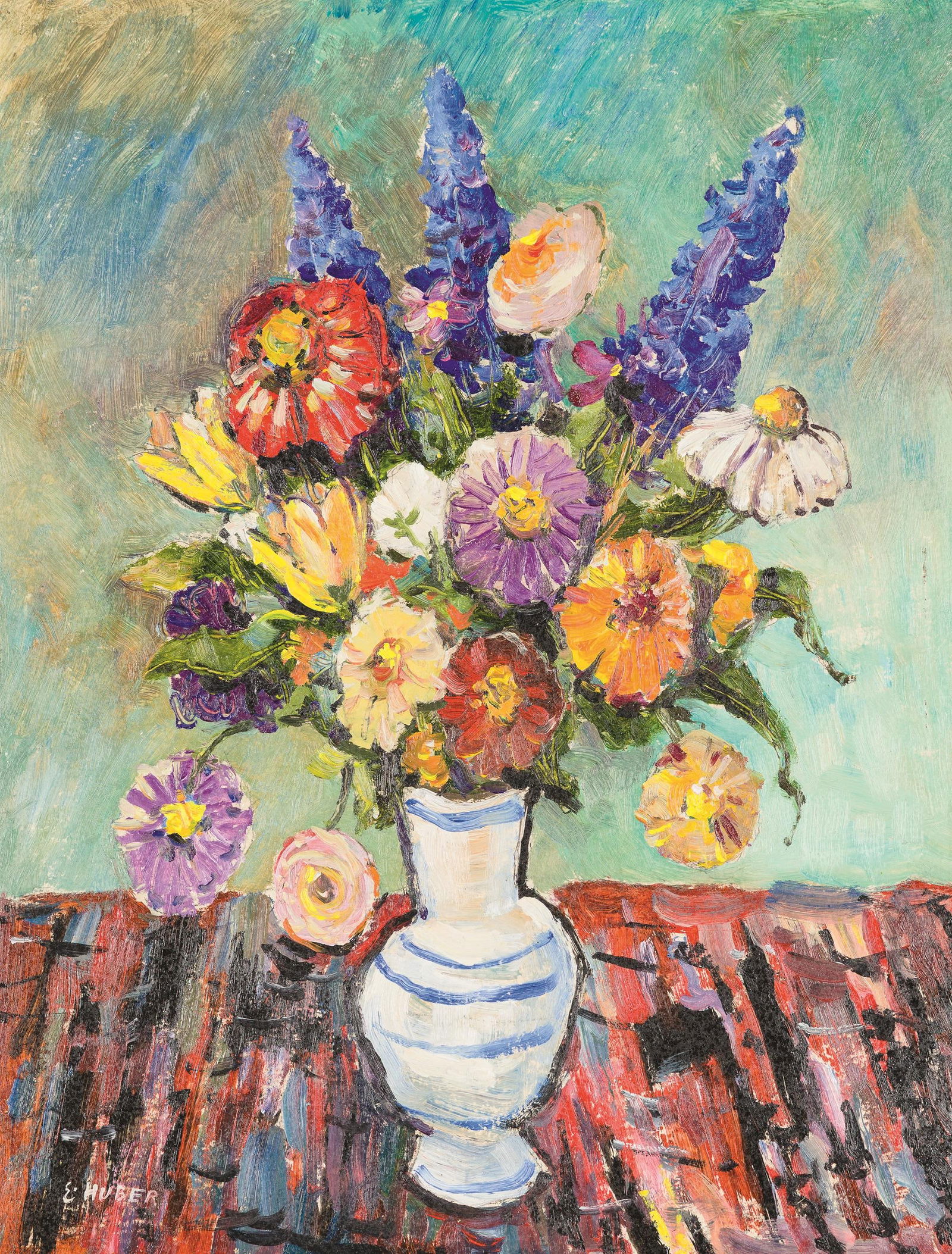 Ernst Huber: Sommerblumen in Vase: Ernst Huber Sommerblumen in Vase Öl auf Karton; gerahmt 44,5 x 34,5 cm Signiert links unten: E. Huber österreichischer Privatbesitz Ernst Huber Summer flowers in a vase oil on