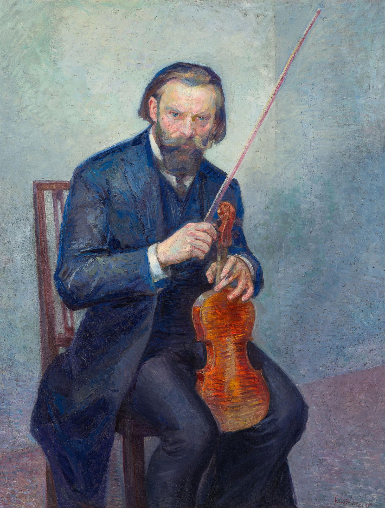 Franz Jaschke: Porträt des Violinvirtuosen Duesberg: Franz Jaschke Porträt des Violinvirtuosen Duesberg 1908 Öl auf Leinwand; gerahmt 123 x 95 cm Signiert und datiert rechts unten: F. Jaschke 1908 österreichischer Privatbesitz 1911 Wien,