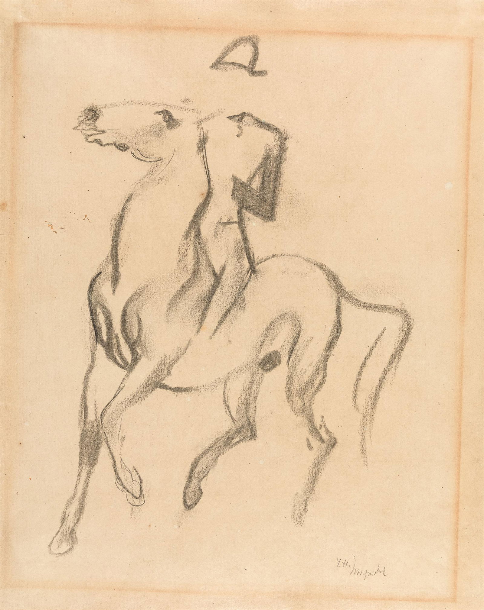 Ludwig Heinrich Jungnickel: Reiter: Ludwig Heinrich Jungnickel Reiter Kohlestift auf Papier; gerahmt 45 x 36 cm Signiert rechts unten: L. H. / Jungnickel Nachlass-Stempel rückseitig: Nachlaß / Prof. L. H. Jungnickel / 1965 aus