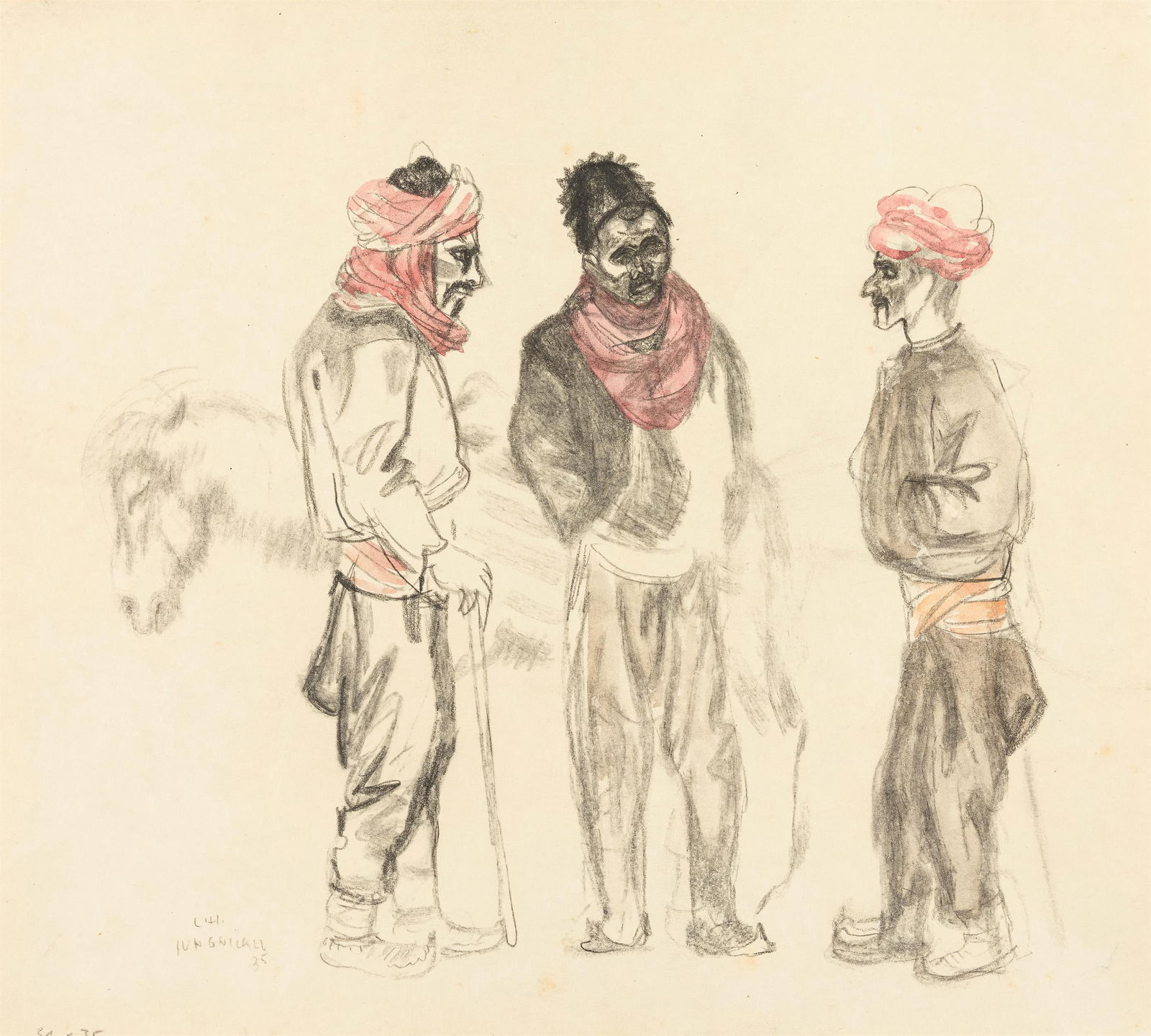 Ludwig Heinrich Jungnickel: Bosnische Marktszene: Ludwig Heinrich Jungnickel Bosnische Marktszene 1935 Mischtechnik auf Papier; gerahmt 32,8 x 36,2 cm Signiert und datiert links unten: L. H. / Jungnickel / 35 Nachlass-Stempel rückseitig: