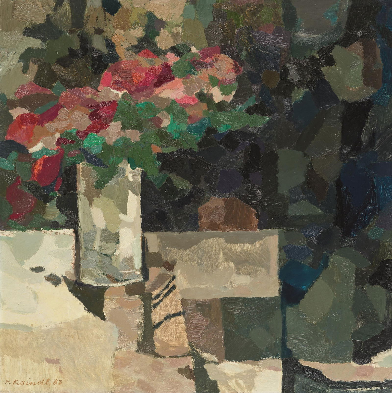 Franz Kaindl: Vase mit Anemonen: Franz Kaindl Vase mit Anemonen 1983 Öl auf Platte; gerahmt 69 x 69 cm Signiert und datiert links unten: F. Kaindl, 83 Rückseitig eigenhändig bezeichnet: Franz Kaindl "Vase mit