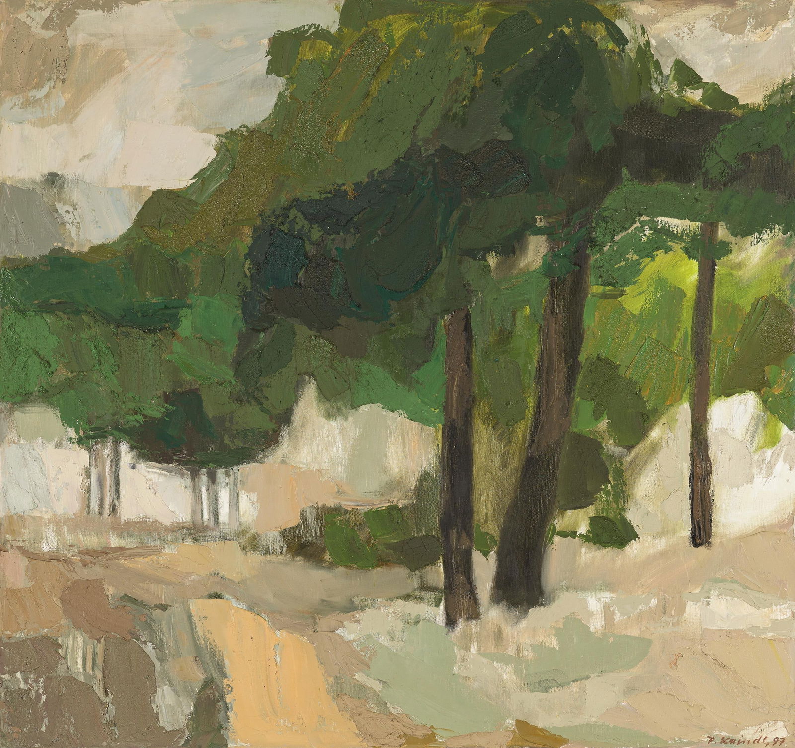 Franz Kaindl: Am Waldrand: Franz Kaindl Am Waldrand 1997 Öl auf Leinwand; gerahmt 80 x 85 cm Signiert und datiert rechts unten: F. Kaindl, 97 Rückseitig auf Leinwand eigenhändig bezeichnet: Kaindl, "Am