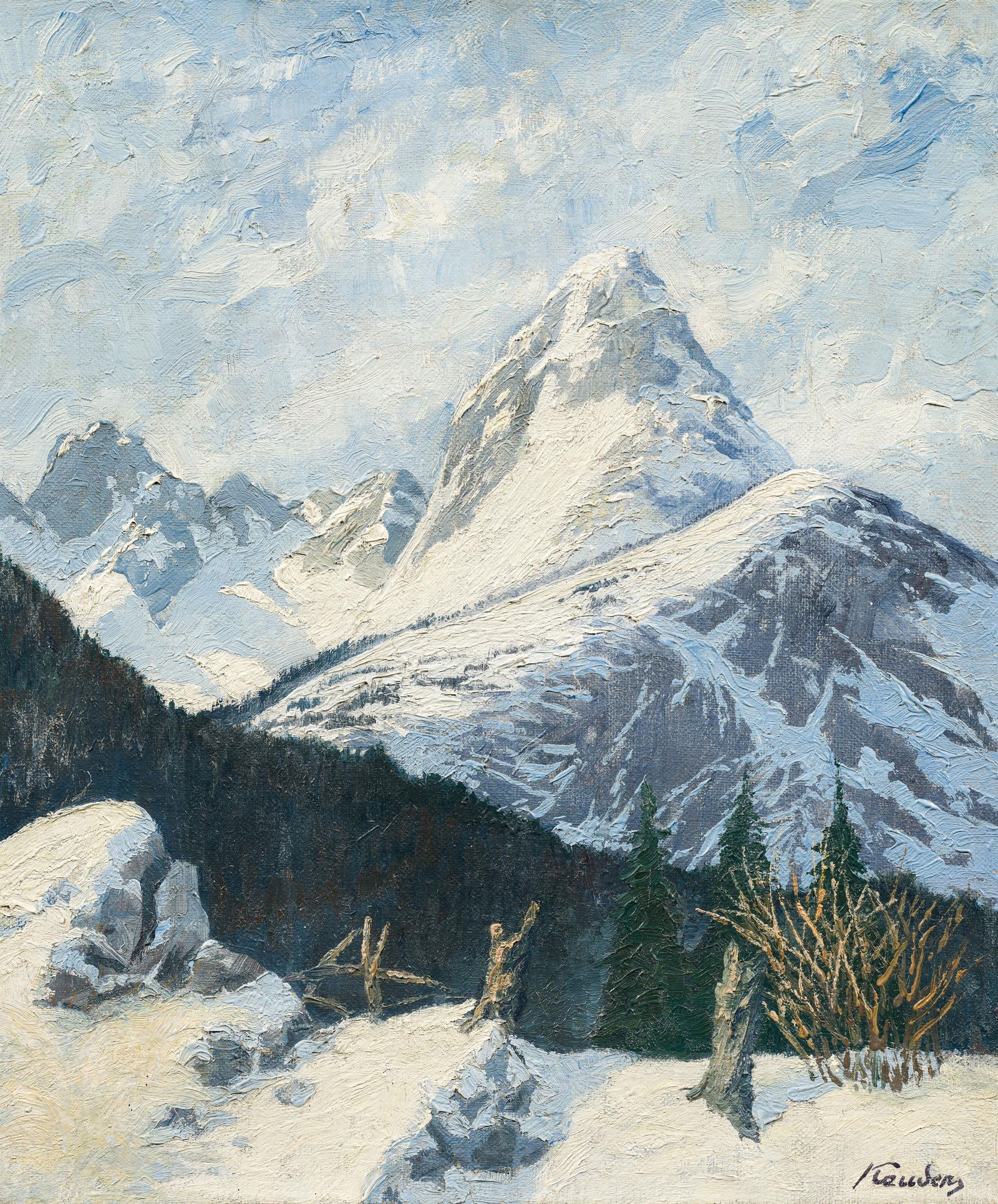 Georg Kauders: Watzmann im Winter: Georg Kauders Watzmann im Winter Öl auf Leinwand; ungerahmt 43 x 36 cm Signiert rechts unten: Kauders österreichischer Privatbesitz Georg Kauders Watzmann in winter oil on canvas;