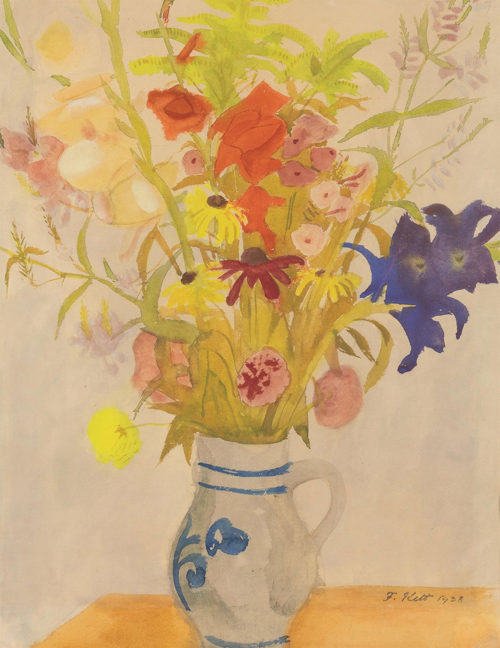 Ferdinand Kitt: Blumen: Ferdinand Kitt Blumen 1938 Aquarell auf Papier; gerahmt 53 x 41 cm (Passep.-Ausschnitt) Signiert und datiert rechts unten: F. Kitt 1938 Privatbesitz, Österreich Ferdinand Kitt Flowers 1938