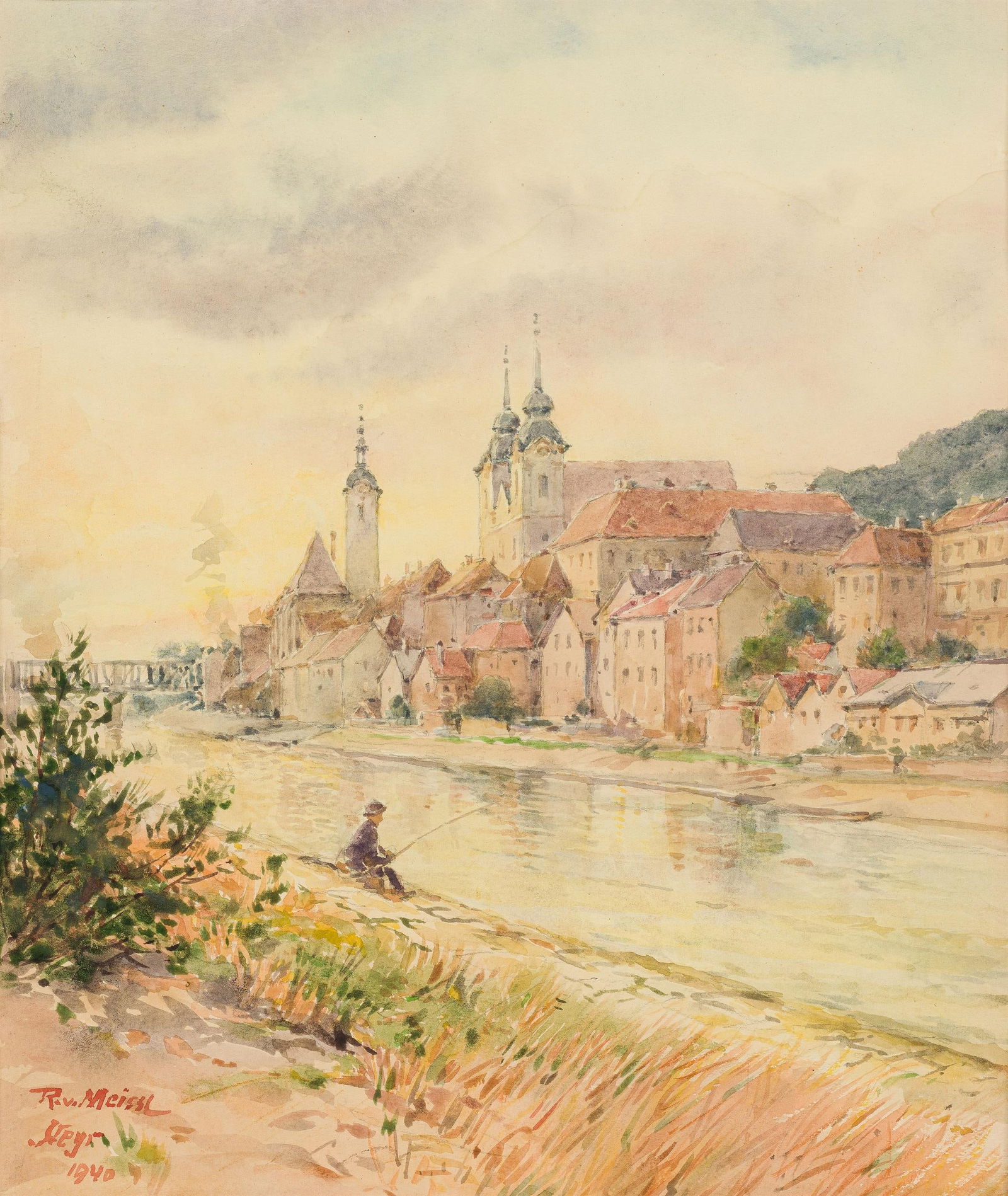 Rudolf von Meissl: Steyr: Rudolf von Meissl Steyr 1940 Aquarell auf Papier; gerahmt 25,5 x 22 cm (Passep.-Ausschnitt) Signiert, bezeichnet und datiert links unten: R. v. Meissl / Steyr / 1940 österreichischer