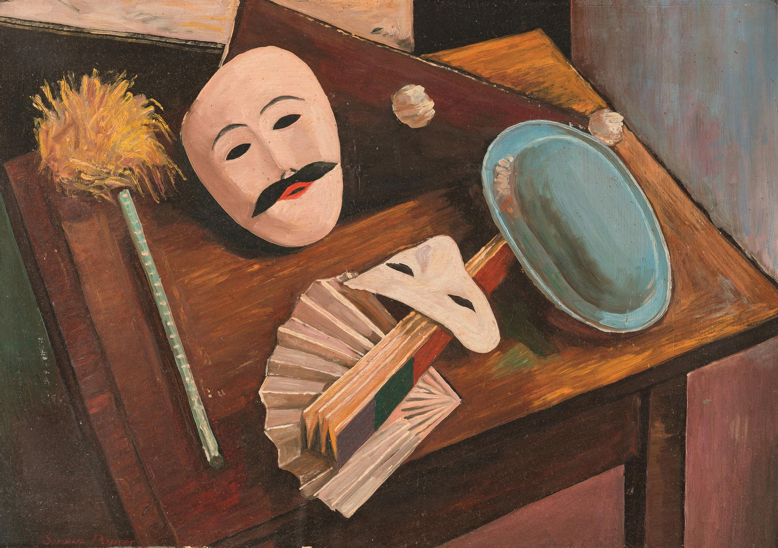 Sergius Pauser: Stillleben mit Masken (Studie): Sergius Pauser Stillleben mit Masken (Studie) Öl auf Karton; gerahmt 49,5 x 70 cm Signiert links unten: Sergius Pauser Rückseitig auf Karton bezeichnet: Symbolik - Periode "Demaskierung" /