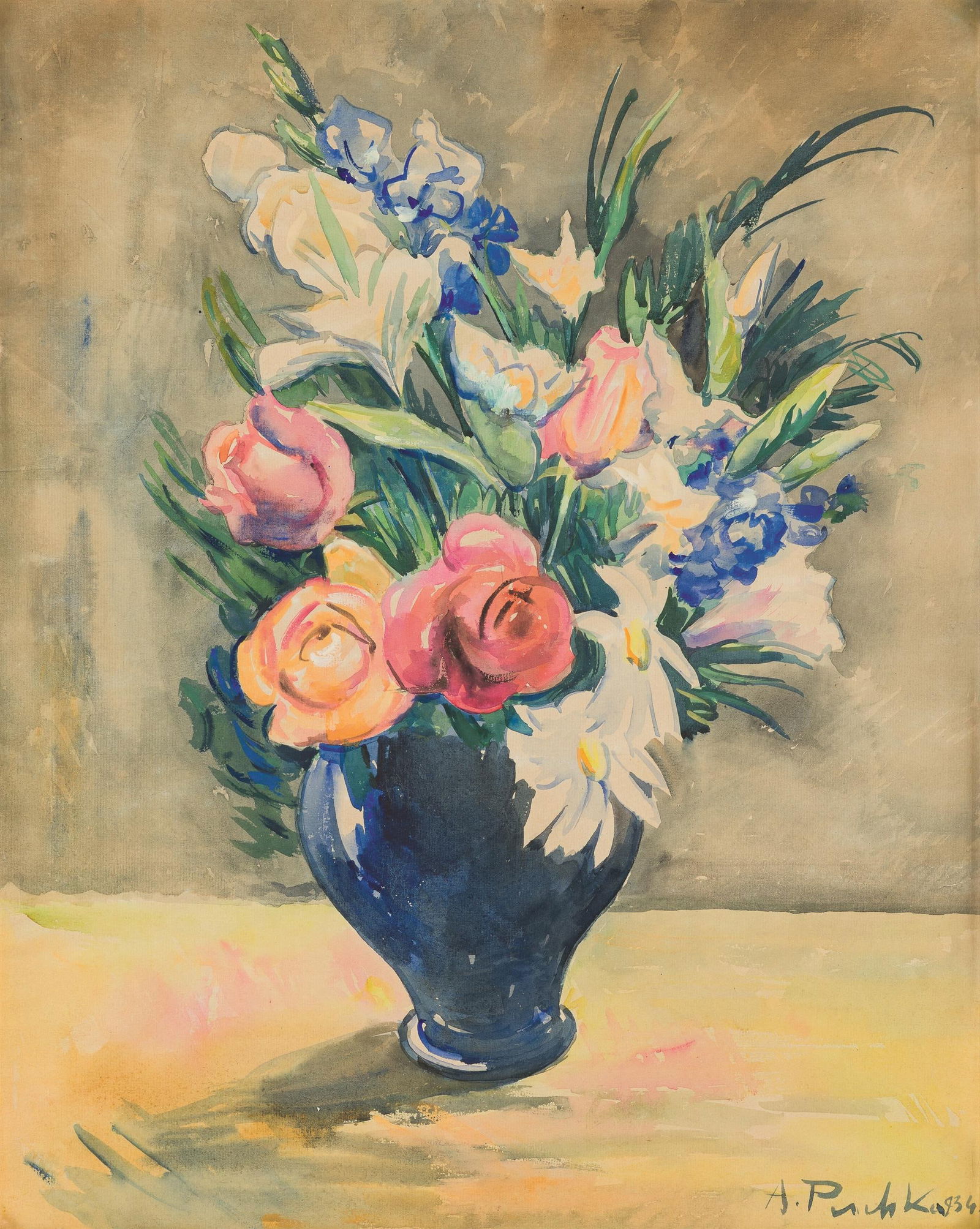 Anton Peschka: Blumen in blauer Vase: Anton Peschka Blumen in blauer Vase 1934 Aquarell, Deckweiß auf Papier; gerahmt 58 x 46,5 cm Signiert und datiert rechts unten: A. Peschka (1)934 österreichischer Privatbesitz Anton Peschka