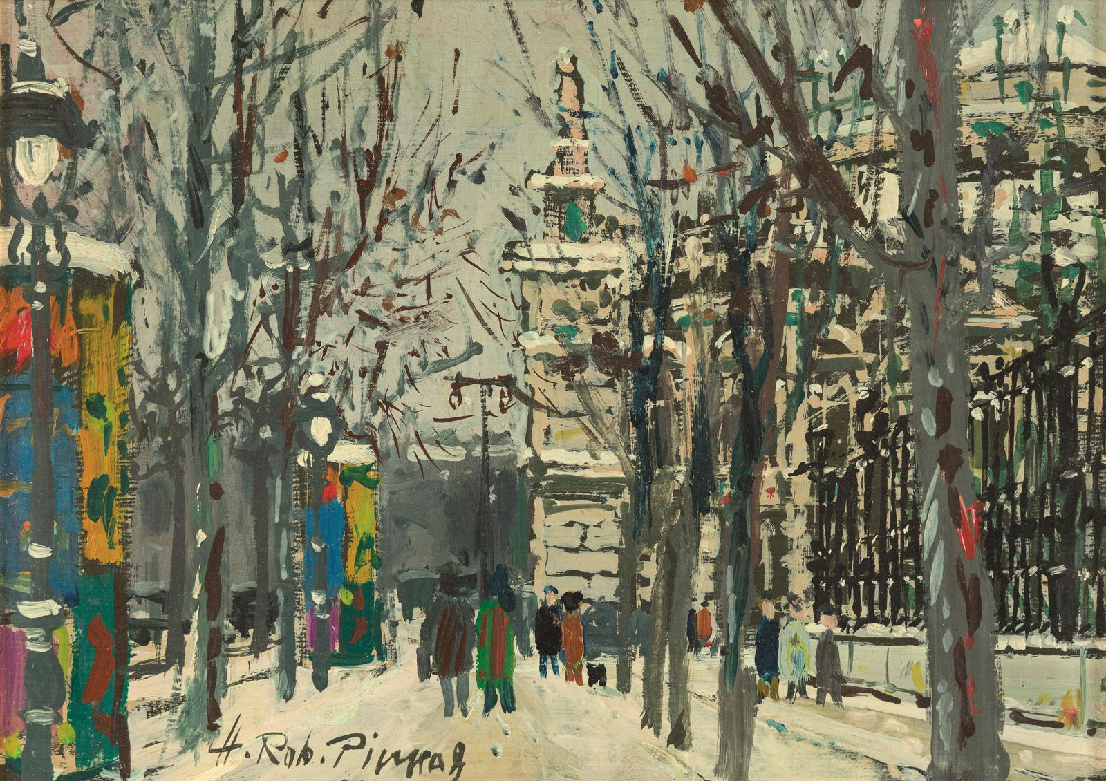 Hans Robert Pippal: Dr.-Karl-Lueger-Ring mit Burgtheater im Schnee: Hans Robert Pippal Dr.-Karl-Lueger-Ring mit Burgtheater im Schnee ca. 1965 Öl auf Hartfaserplatte; gerahmt 17,5 x 25,5 cm Signiert links unten: H. Rob. Pippal Dorotheum Wien, 25.09.1996, Nr. 165;