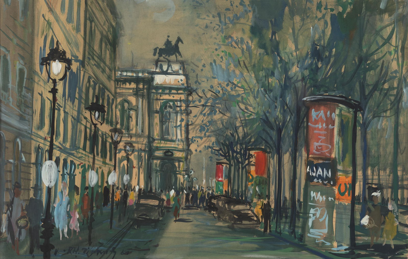 Hans Robert Pippal: Ringstraße: Hans Robert Pippal Ringstraße 1961 Aquarell auf Papier; gerahmt 39 x 62 cm (Passep.-Ausschnitt) Signiert und datiert links unten: H. Rob. Pippal 61 Privatbesitz, Wien Hans Robert Pippal Ringstra&