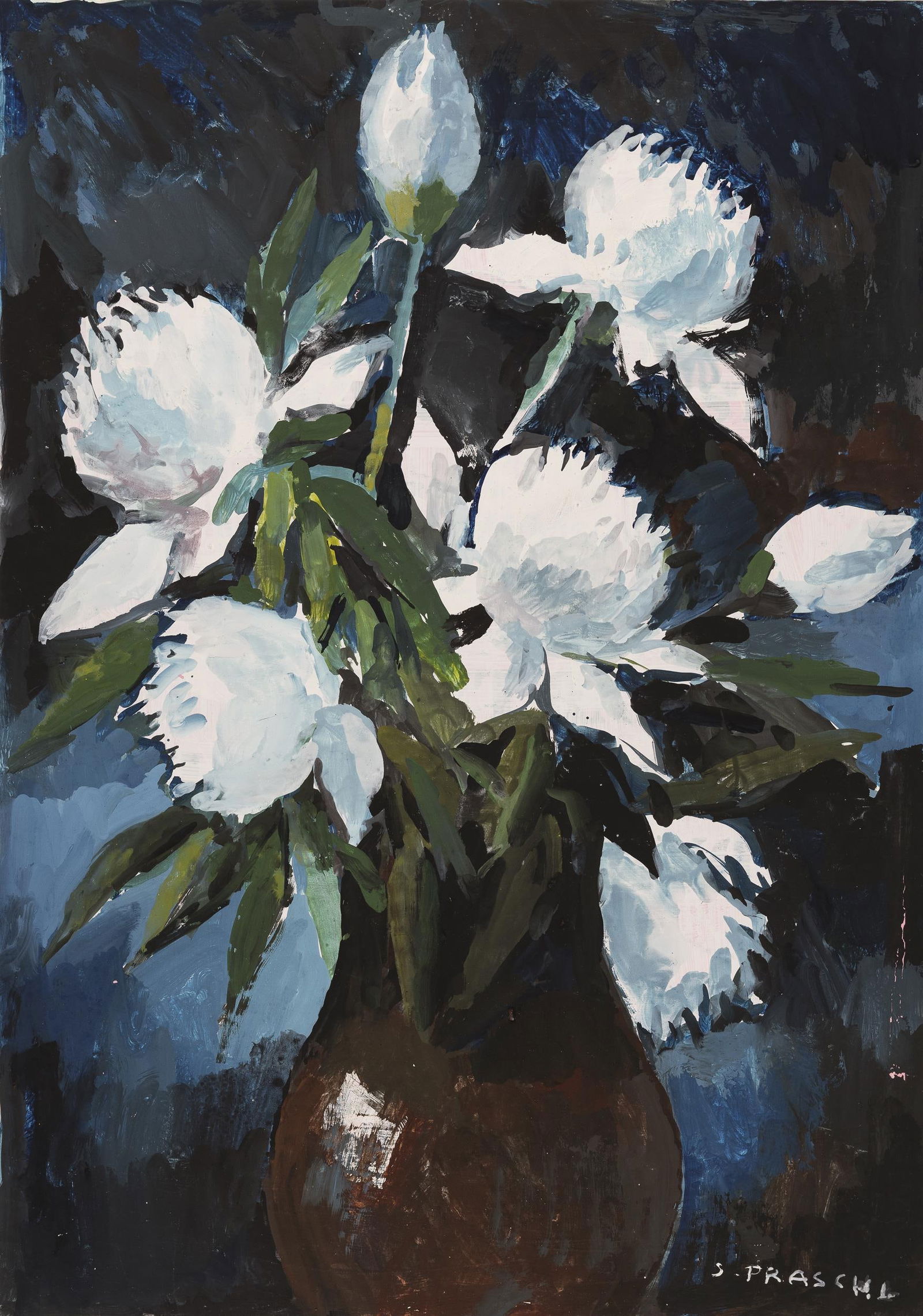 Stefan Praschl: Weiße Pfingstrosen: Stefan Praschl Weiße Pfingstrosen Tempera auf Papier; ungerahmt 59 x 41 cm Signiert rechts unten: S. Praschl Privatbesitz, Wien Stefan Praschl White peonies tempera on paper; unframed 59 x