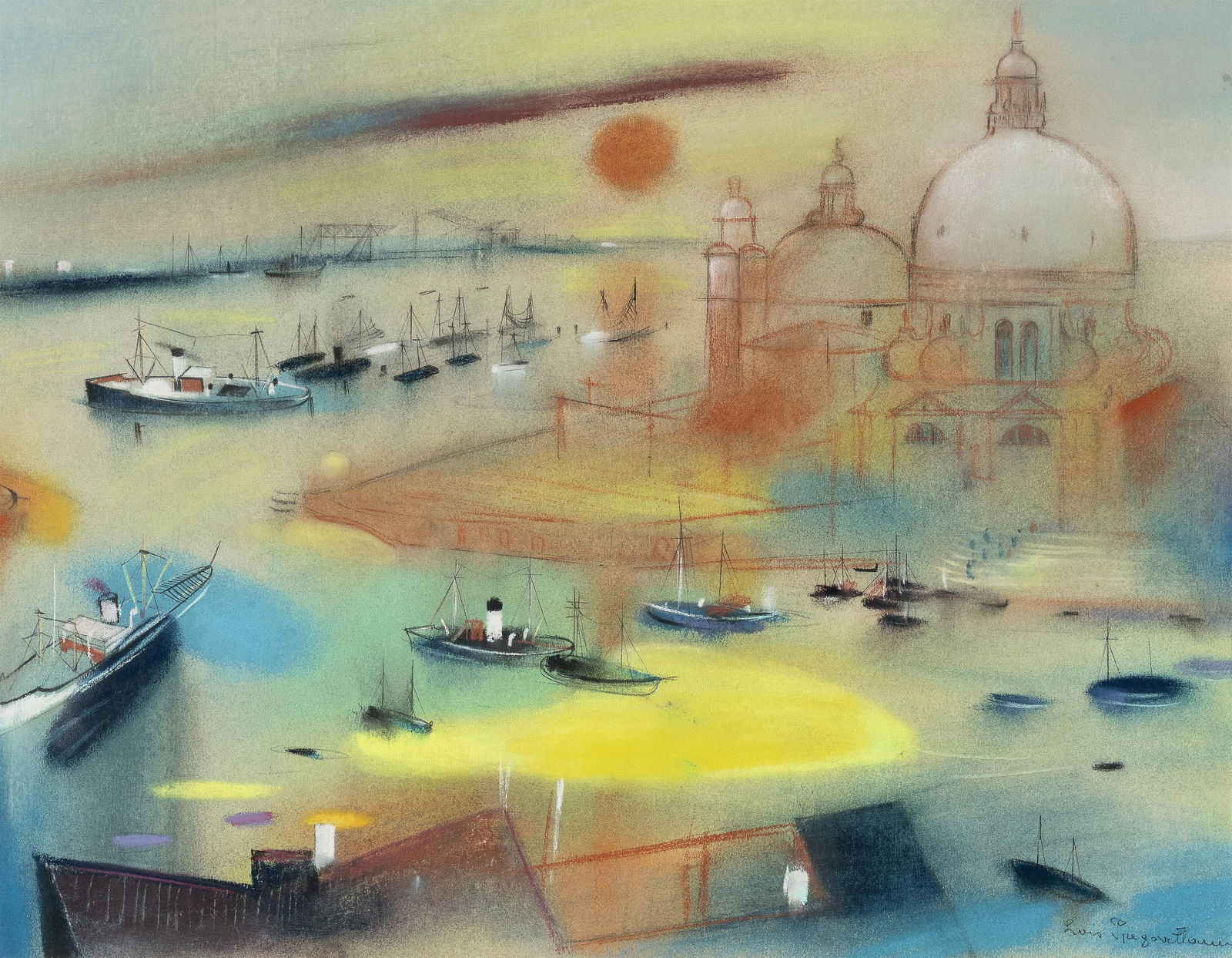 Lois Pregartbauer: Schiffe vor Santa Maria della Salute, Venedig: Lois Pregartbauer Schiffe vor Santa Maria della Salute, Venedig Pastell auf Papier; gerahmt 41,8 x 53,6 cm (Passep.-Ausschnitt) Signiert rechts unten: Lois Pregartbauer Dorotheum Wien, 16.03.2009,