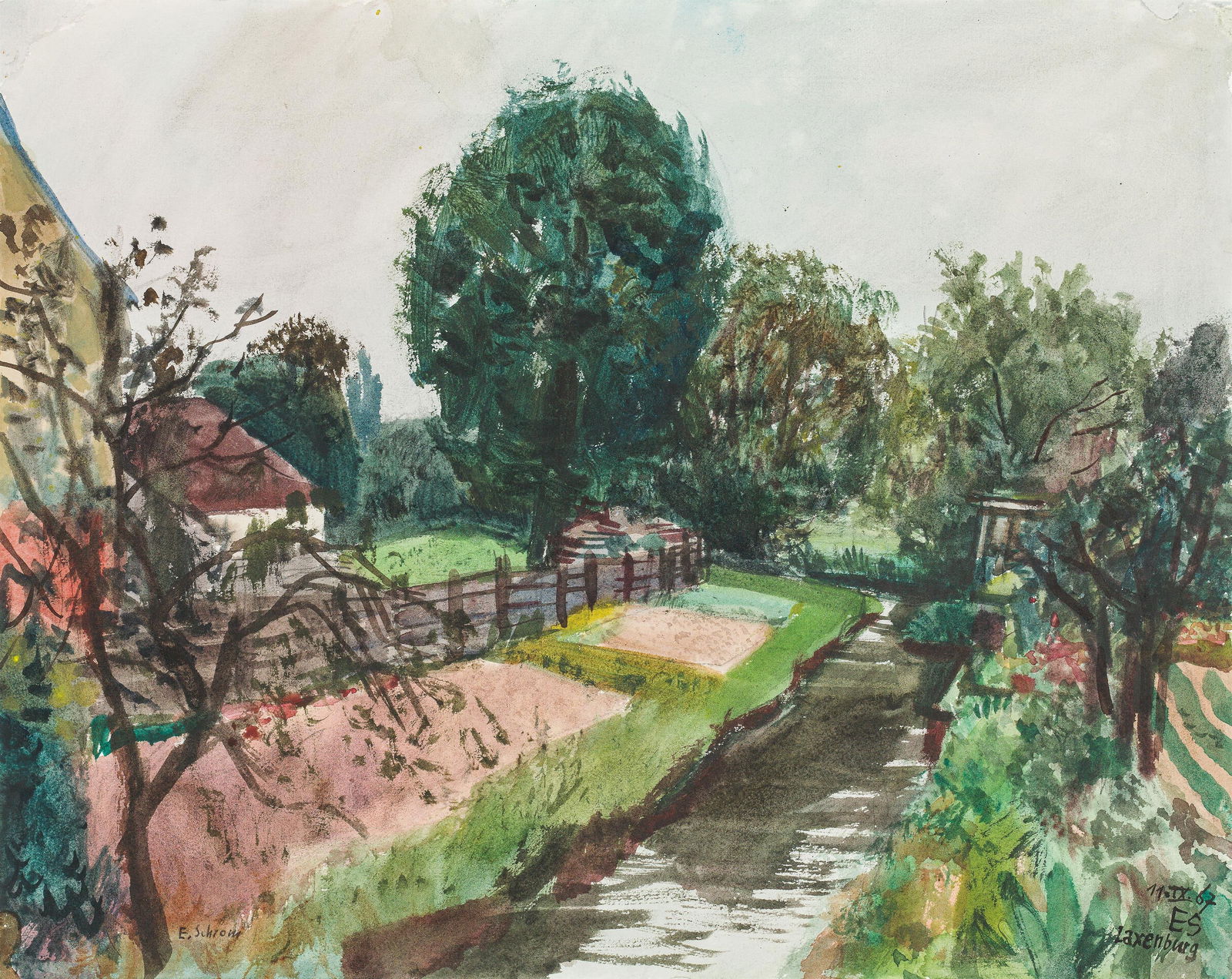 Ernst Schrom: Laxenburg: Ernst Schrom Laxenburg 1967 Aquarell, Gouache auf Papier; ungerahmt 30 x 38 cm (Passep.-Ausschnitt) Signiert links unten: E. Schrom Datiert, monogrammiert und bezeichnet rechts unten: 11.IX.67 / ES /