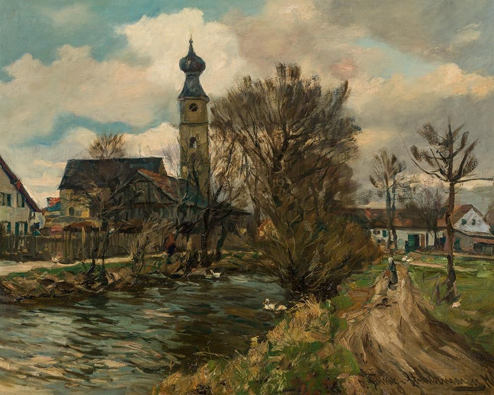 Otto Schulz-Stradtmann: Blick auf St. Georg an der Würm in Obermenzing: Otto Schulz-Stradtmann Blick auf St. Georg an der Würm in Obermenzing Öl auf Leinwand; gerahmt 80,5 x 100,5 cm Signiert und bezeichnet rechts unten: O. Schulz-Stradtmann Mch. (München)