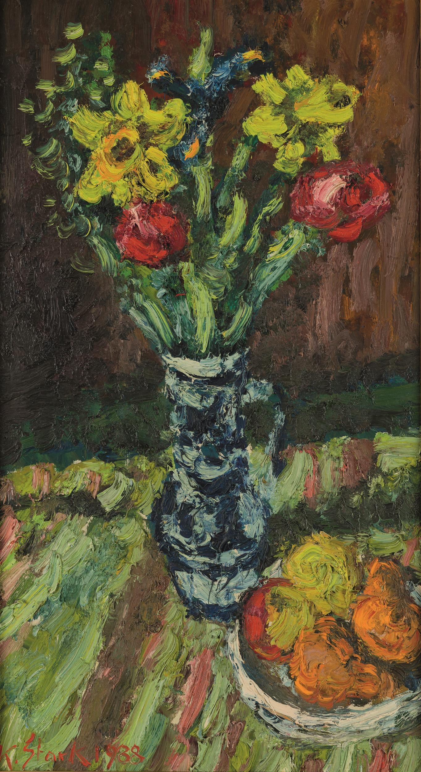 Karl Stark: Stillleben mit Blumenvase und Obstteller: Karl Stark Stillleben mit Blumenvase und Obstteller 1988 Öl auf Hartfaserplatte; gerahmt 82,5 x 47 cm Signiert und datiert links unten: K. Stark 1988 Privatbesitz, Österreich Karl Stark Stil