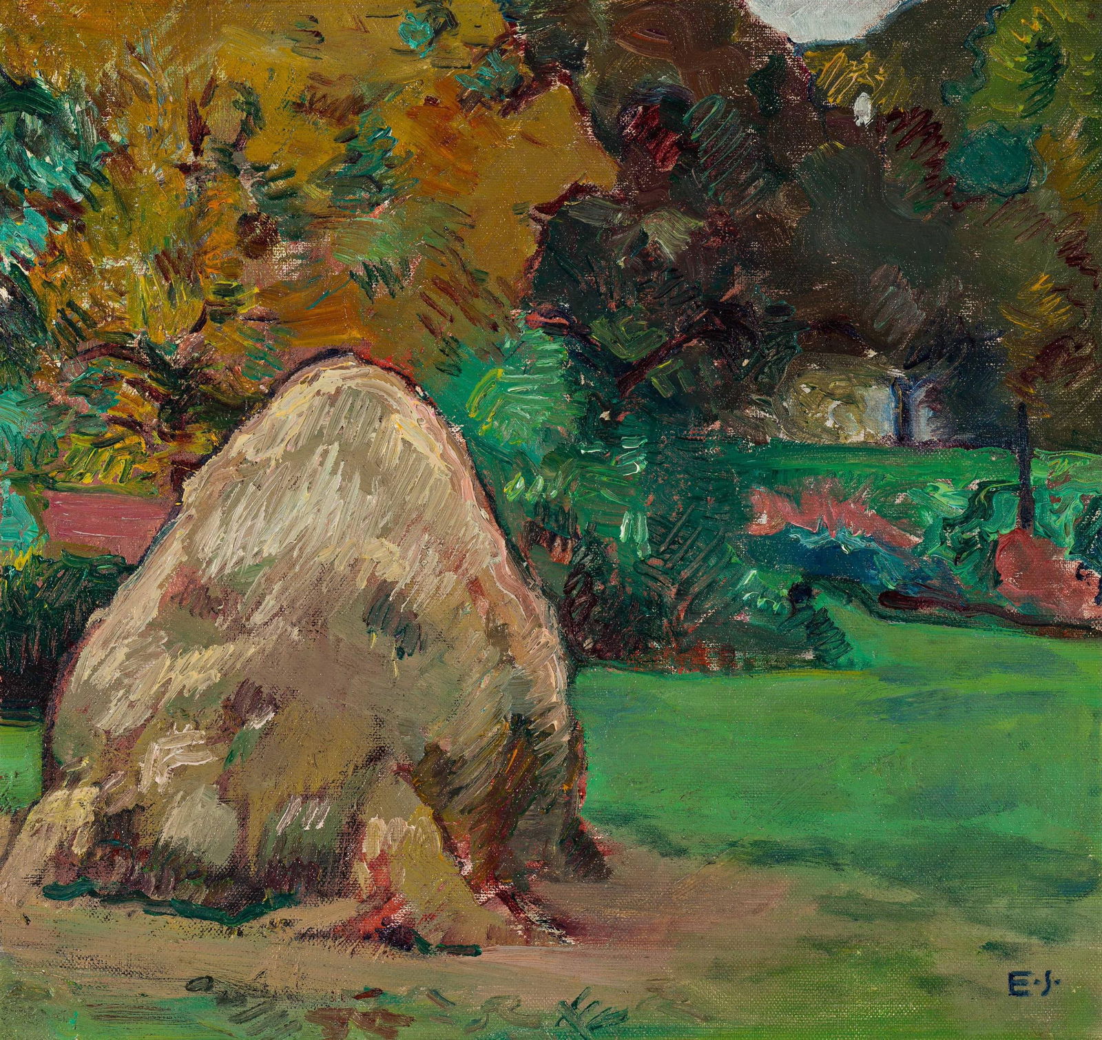 Egge Sturm-Skrla: Heuhaufen: Egge Sturm-Skrla Heuhaufen Öl auf Karton; gerahmt 33 x 35 cm Monogrammiert rechts unten: E. S. Rückseitig eigenhändige Bestätigung und Stempel von MR Dr. Robert Sturm: "Frühwe
