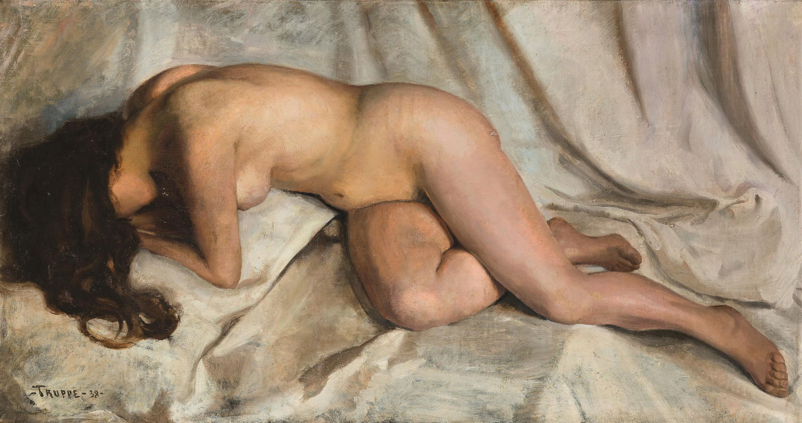 Karl Truppe: Weiblicher liegender Akt: Karl Truppe Weiblicher liegender Akt 1938 Öl auf Leinwand; gerahmt 70 x 130 cm Signiert und datiert links unten: - Truppe - 38 - Privatbesitz, Österreich Karl Truppe Reclining female