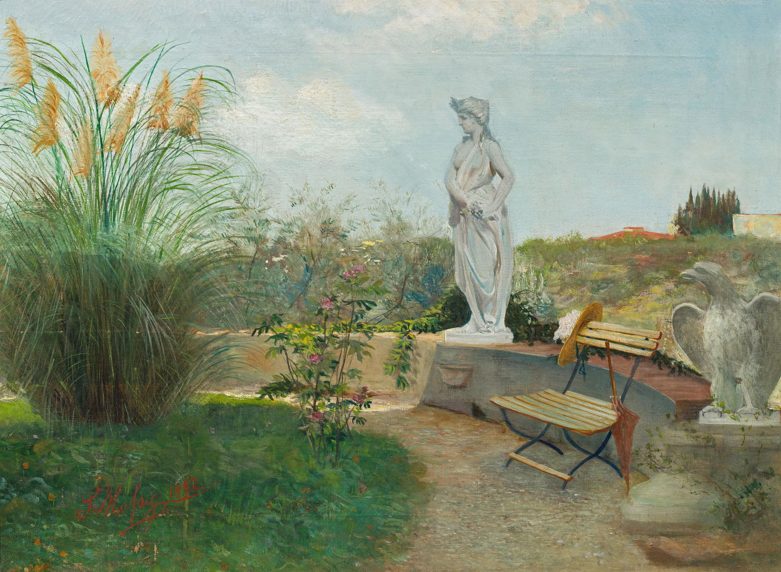 Künstler des 19./20. Jahrhunderts: Garten mit Statue: Künstler des 19./20. Jahrhunderts Garten mit Statue 1892 Öl auf Leinwand; gerahmt 47 x 62 cm Bezeichnet und datiert links unten: S. Mossig 1892 Rückseitig drei kleine