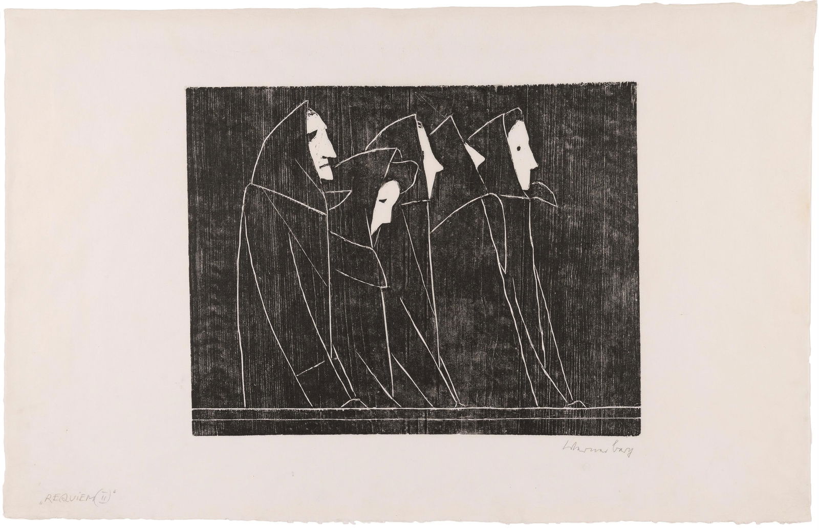 Werner Berg: Requiem (II): Werner Berg Requiem (II) 1981 Holzschnitt auf Papier; gerahmt 42,5 x 55 cm (Darstellungsgröße), 63 x 98,5 cm (Blattmaß) Signiert rechts unten: Werner Berg Betitelt links unten: