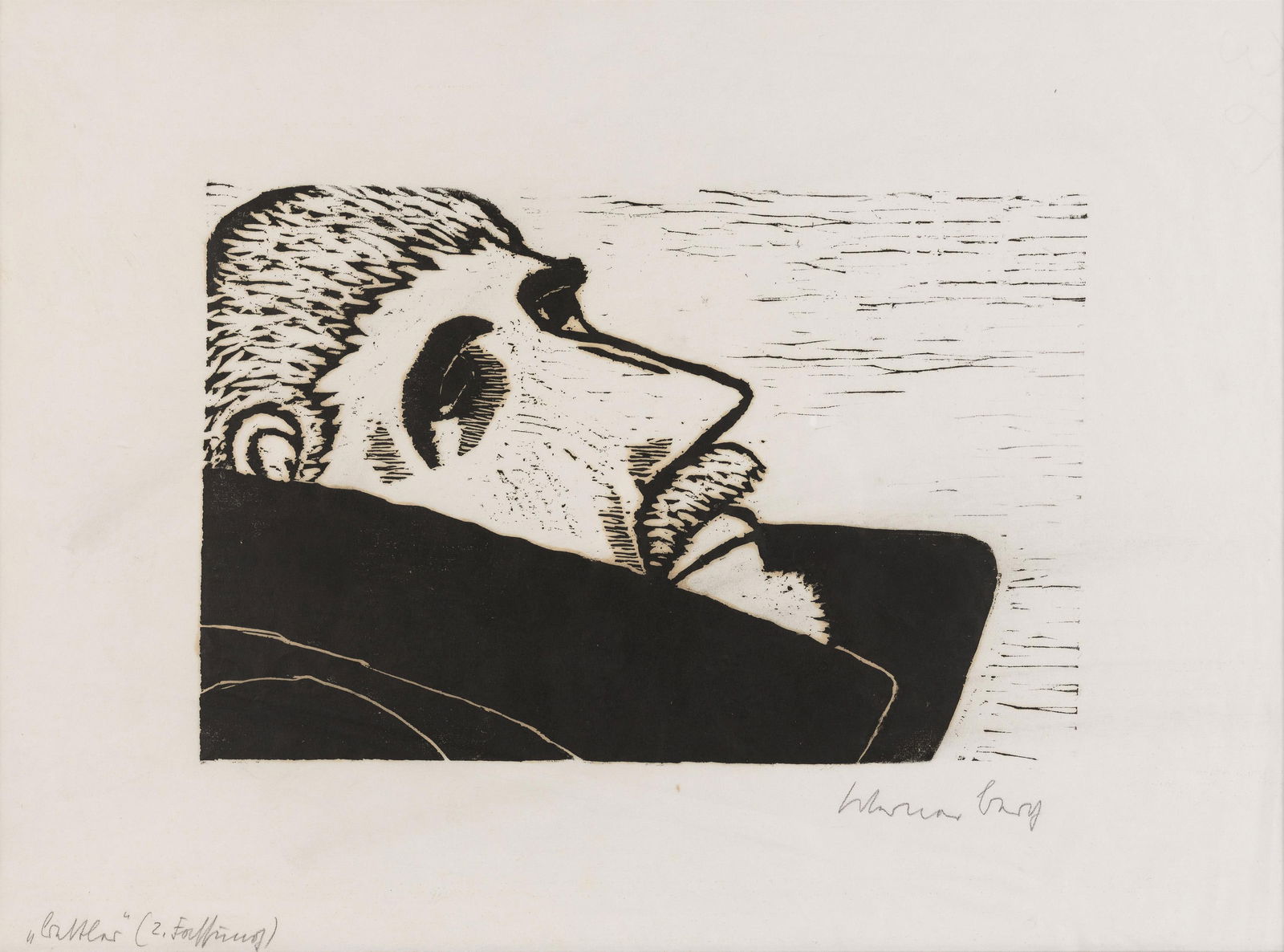 Werner Berg: Bettler (2. Zustand): Werner Berg Bettler (2. Zustand) 1972 Holzschnitt auf Papier; gerahmt 26,7 x 40,8 cm (Darstellungsgröße), 44,5 x 60,5 cm (Rahmen-Ausschnitt) Signiert rechts unten: Werner Berg Betitelt