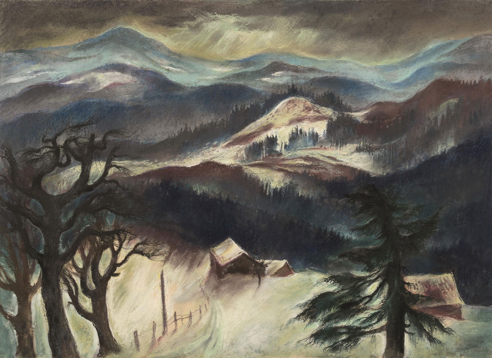 Albert Birkle: Winter im Bayrischen Wald III: Albert Birkle Winter im Bayrischen Wald III 1929 Pastell auf Papier; gerahmt 68 x 93 cm Zweifach signiert rechts unten: Albert Birkle / Albert Birkle Rückseitig eigenhändig bezeichnet: Alber