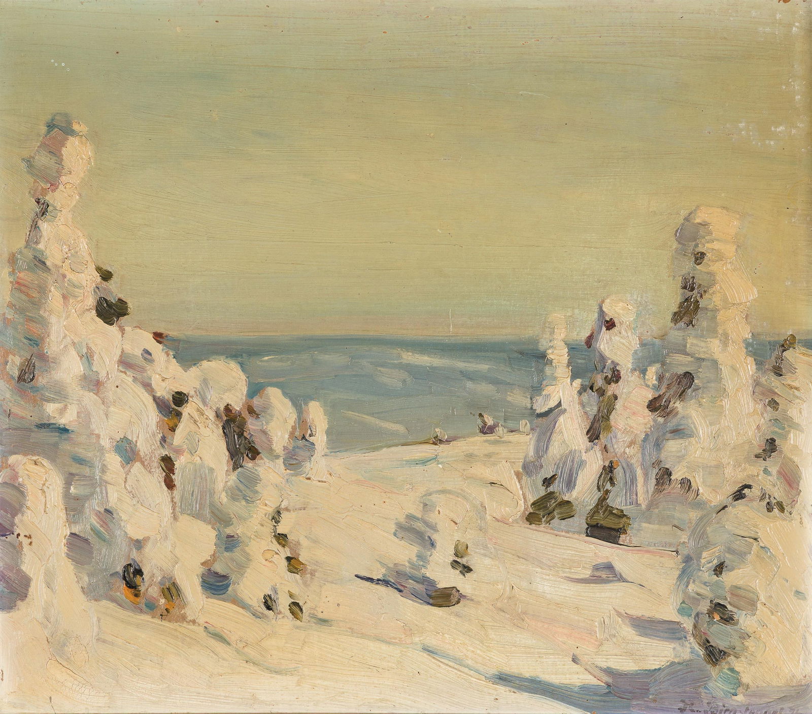 Richard Birnstengel: Schneelandschaft: Richard Birnstengel Schneelandschaft 1914 Öl auf Karton; gerahmt 30 x 34,5 cm Signiert und datiert rechts unten: R. Birnstengel 14 Privatbesitz; Österreich Richard Birnstengel Snowy