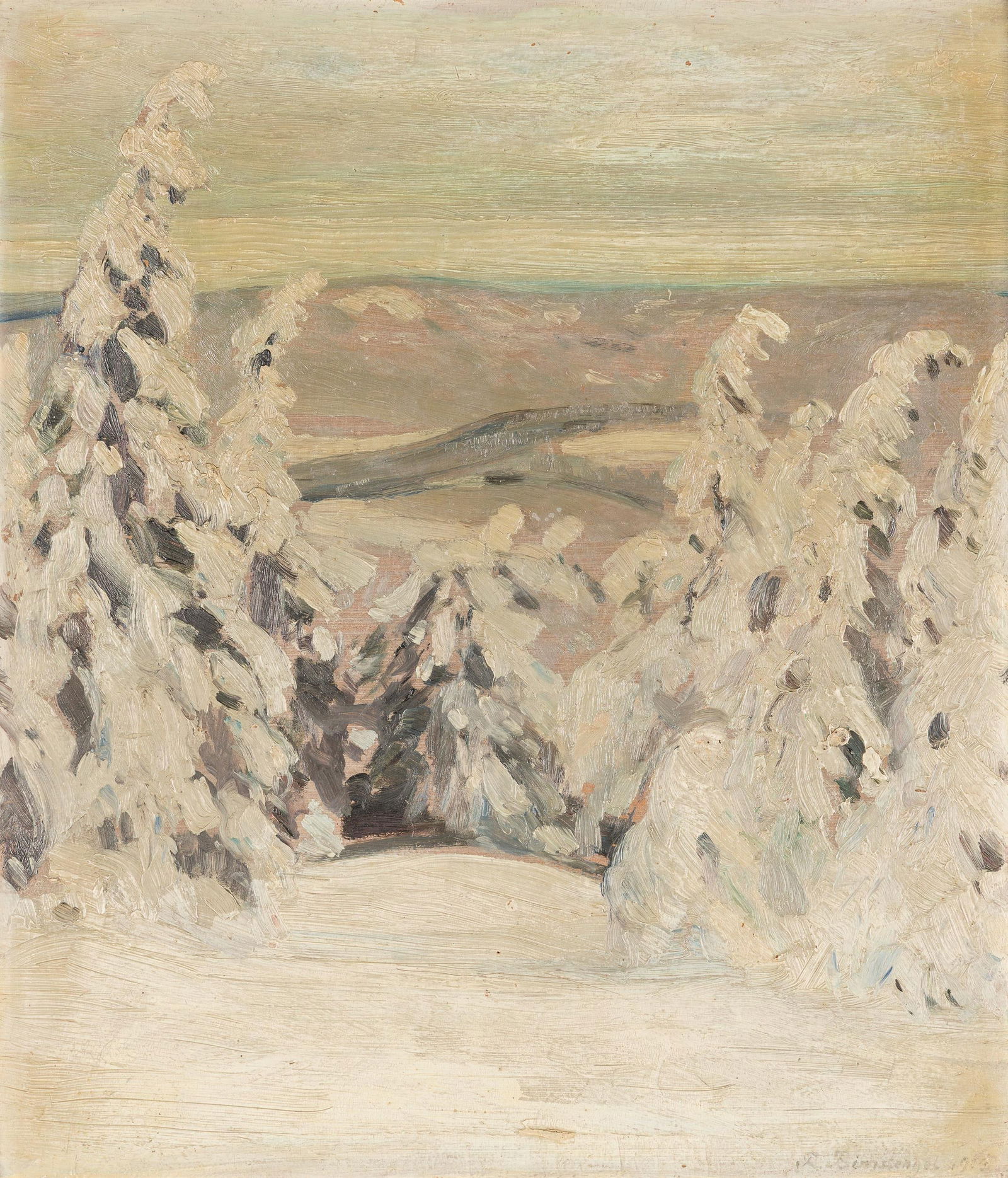 Richard Birnstengel: Schneelandschaft: Richard Birnstengel Schneelandschaft 1913 Öl auf Karton; gerahmt 34,5 x 30 cm Signiert und datiert rechts unten: R. Birnstengel 1913 Privatbesitz, Österreich Richard Birnstengel Snowy landsc