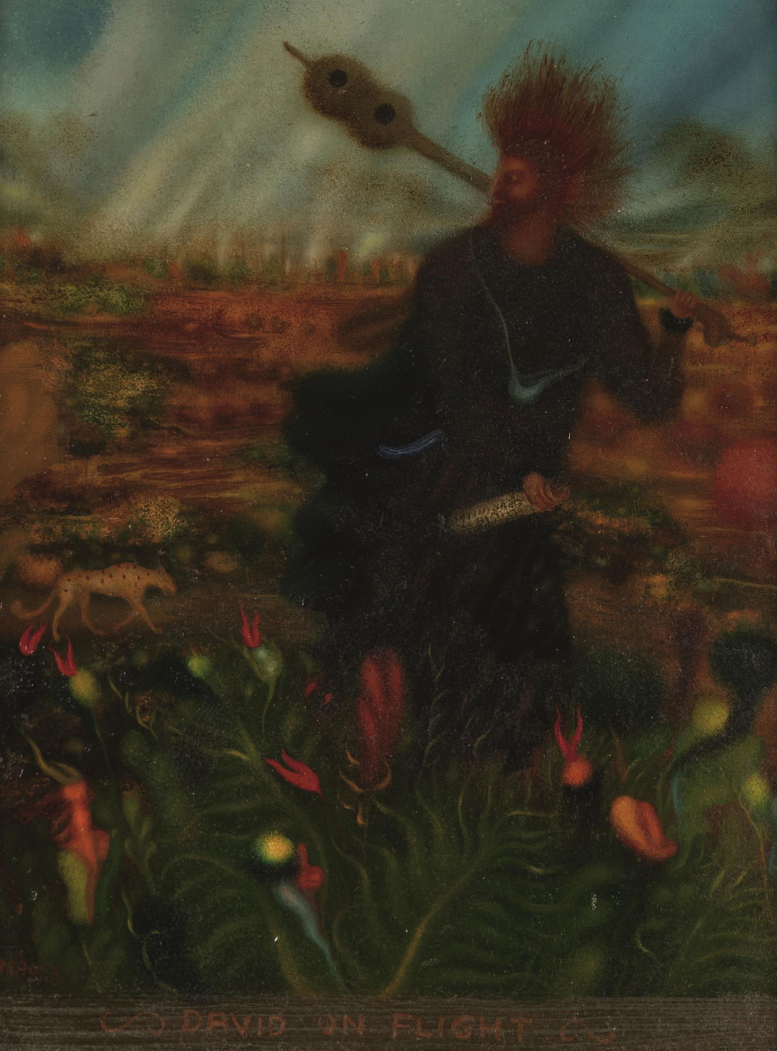 Arik Brauer: David on flight: Arik Brauer David on flight 1980 Öl auf acrylgrundiertem Papier auf Sperrholz; gerahmt 19,5 x 15 cm (Rahmenausschnitt) Signiert links unten: Brauer Bezeichnet unten mittig: David on flight