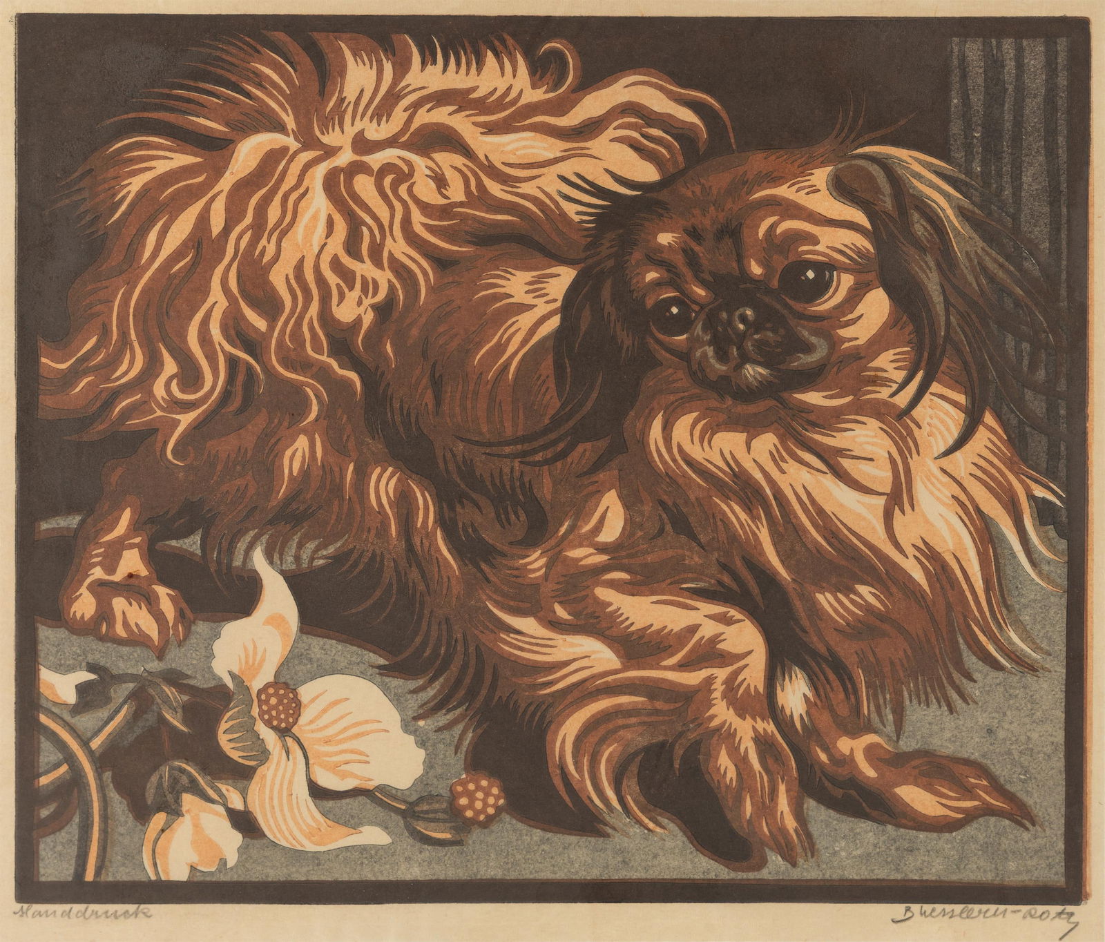 Norbertine Bresslern-Roth: Pekinese: Norbertine Bresslern-Roth Pekinese November 1930 Farblinolschnitt auf Papier; gerahmt 23,5 x 27,5 cm (Blattmaß), 22,1 x 26,7 (Darstellung) Signiert rechts unten: Bresslern-Roth Bezeichnet links