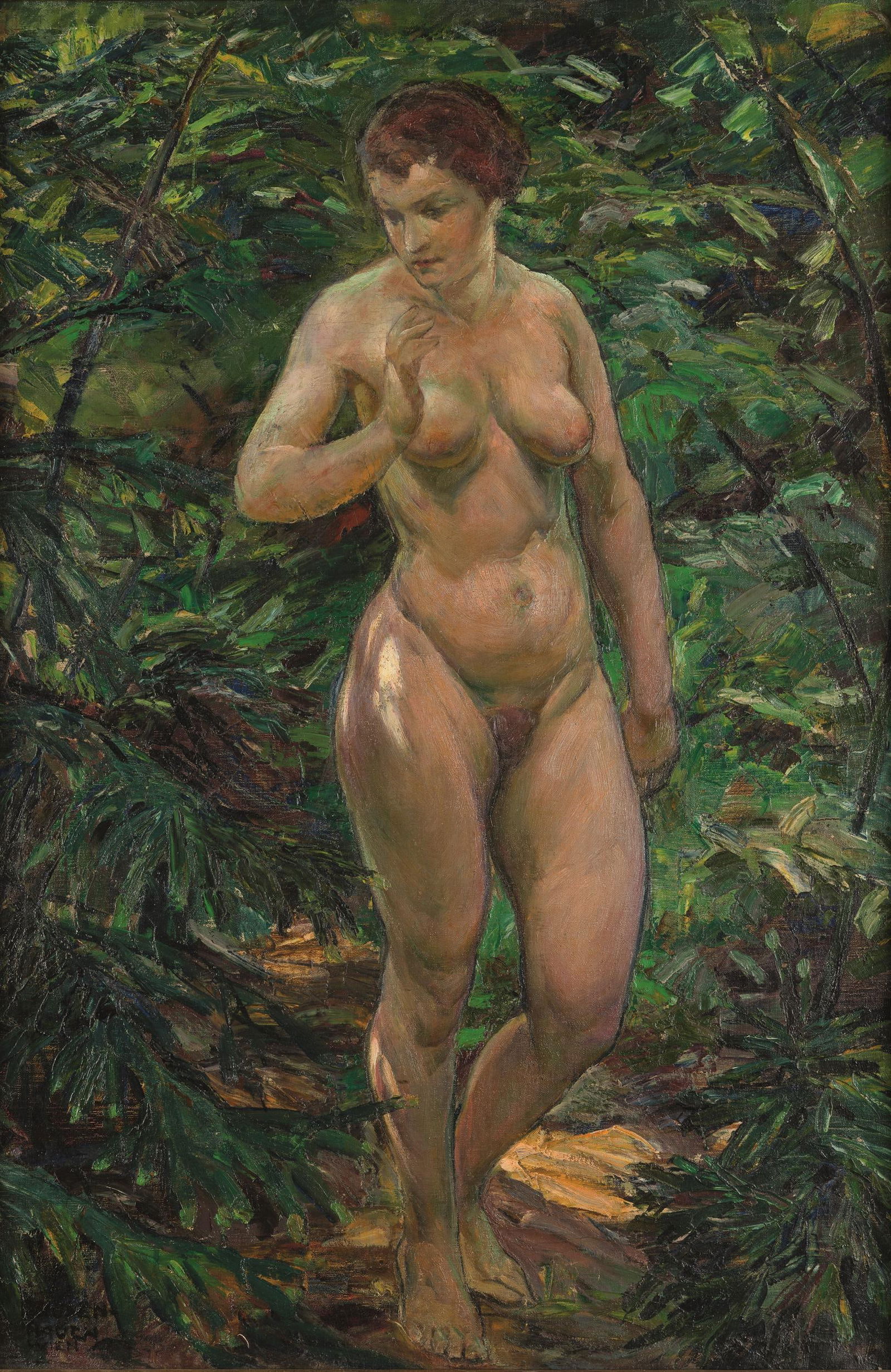 Arthur Brusenbauch: Stehender weiblicher Akt: Arthur Brusenbauch Stehender weiblicher Akt um 1920 Öl auf Leinwand; gerahmt 90 x 60 cm Signiert links unten: Brusen- / bauch / Wien Kunsthandel Wienerroither & Kohlbacher, Wien, 2008;