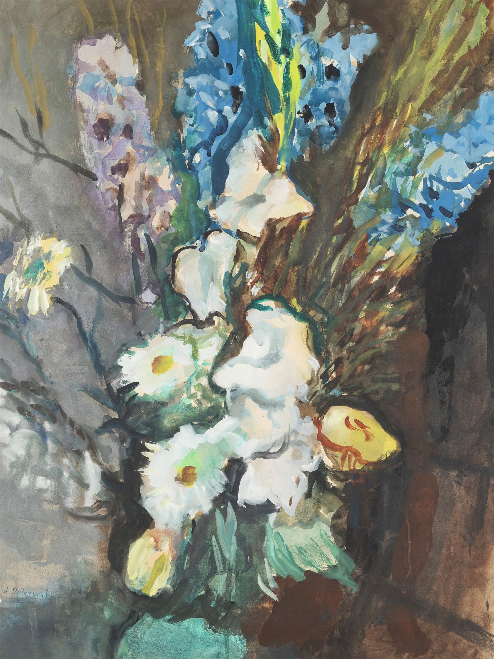 Josef Dobrowsky: Blumenstillleben: Josef Dobrowsky Blumenstillleben 1961 Aquarell auf Papier; gerahmt (hinter Glas, ohne Leiste) 61 x 46 cm (Passep.-Ausschnitt) Signiert und datiert links unten: J. Dobrowsky 61 Privatbesitz, Öster