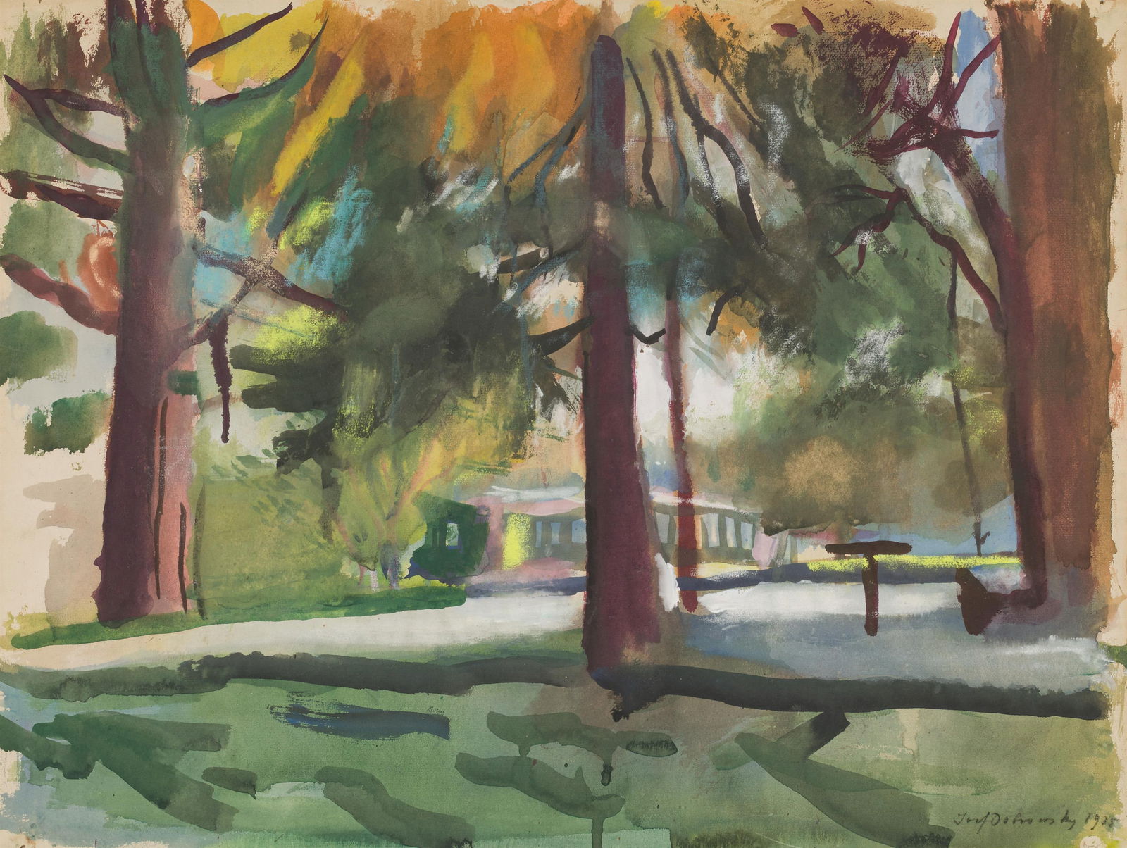 Josef Dobrowsky: Im Park: Josef Dobrowsky Im Park 1935 Mischtechnik auf Papier; gerahmt 47,5 x 63 cm Signiert und datiert rechts unten: Josef Dobrowsky 1935 Privatbesitz, Österreich; Auktionshaus im Kinsky, 26.02.2008