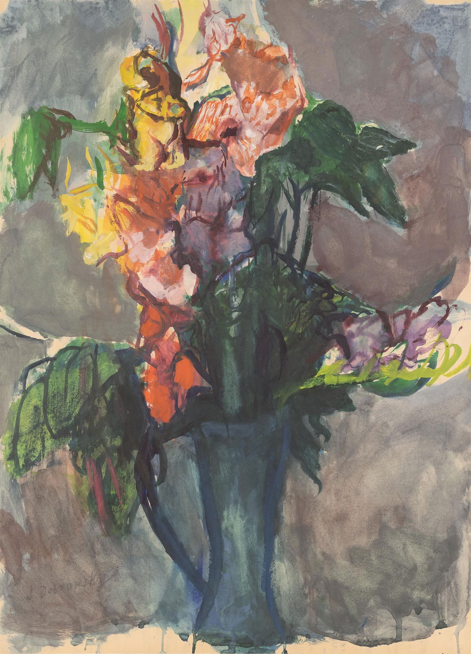 Josef Dobrowsky: Blumen in Vase: Josef Dobrowsky Blumen in Vase Aquarell auf Papier; gerahmt (hinter Glas, ohne Leiste) 63 x 45,5 cm Signiert links unten: J. Dobrowsky Privatbesitz, Österreich Josef Dobrowsky Motif from St. Marg