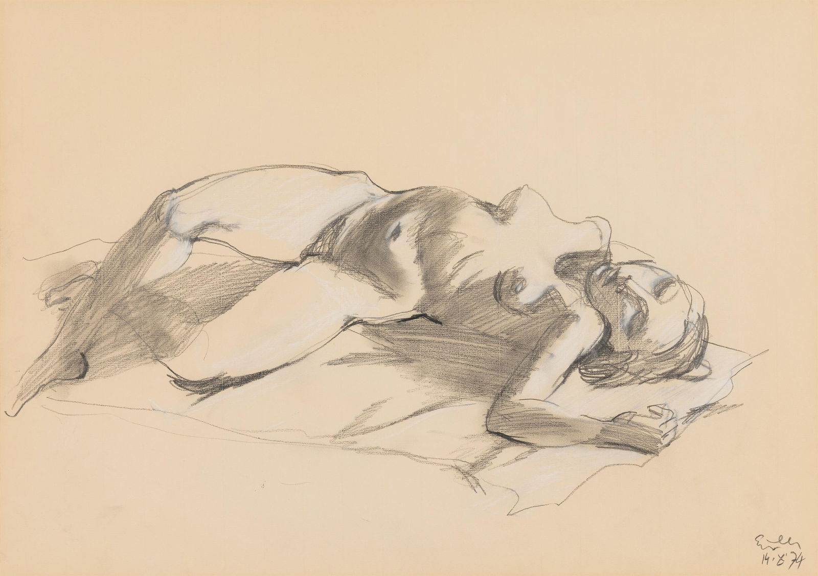 Georg Eisler: Liegender weiblicher Akt: Georg Eisler Liegender weiblicher Akt 1974 Mischtechnik auf Papier; gerahmt 39 x 54,5 cm (Passep.-Ausschnitt) Signiert und datiert rechts unten: Eisler / 14. X. 74 österreichische Privatsammlung