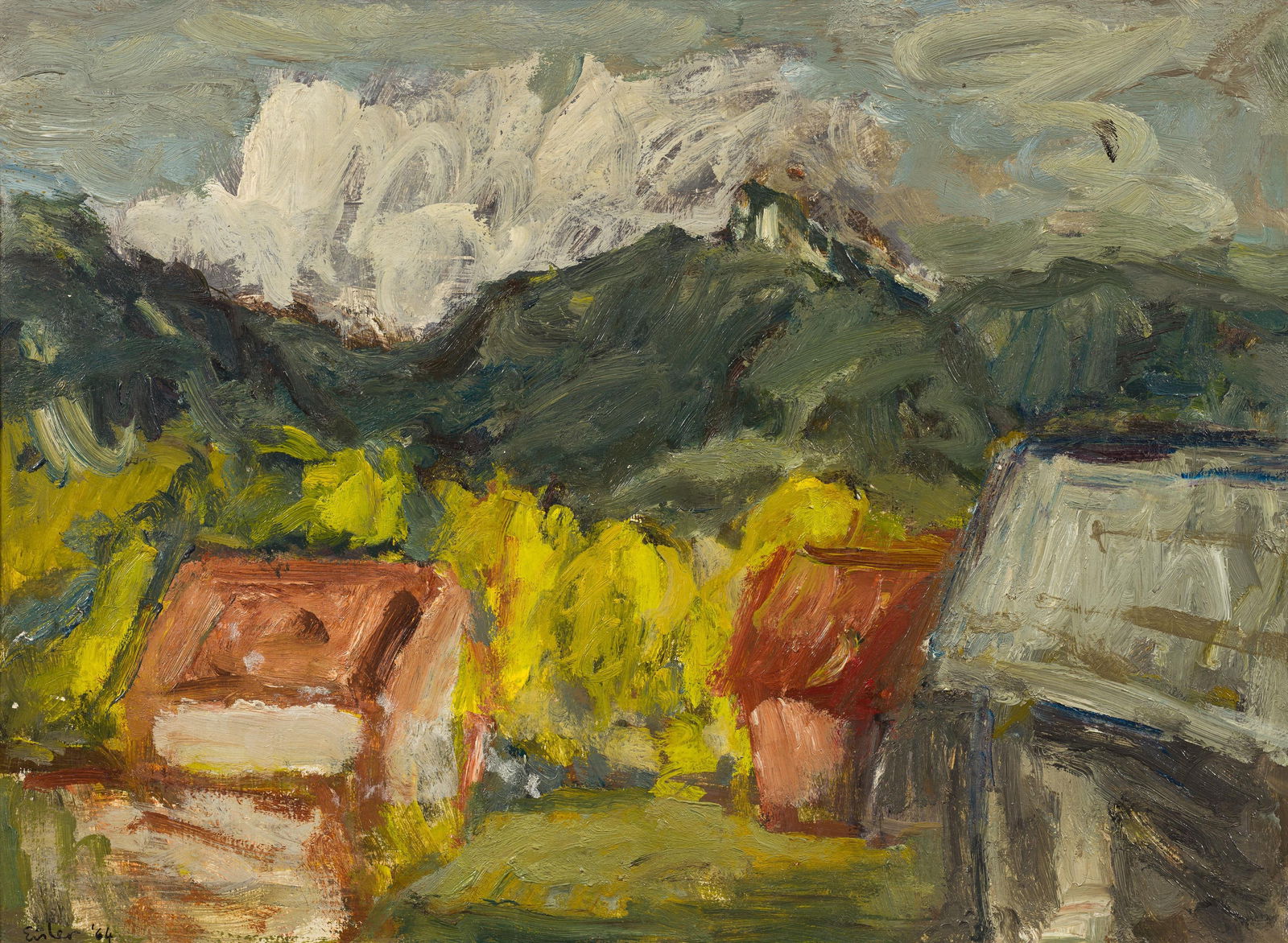 Georg Eisler: Landschaft (Aggsbach): Georg Eisler Landschaft (Aggsbach) 1964 Öl auf Holz; gerahmt 38 x 52 cm Signiert und datiert links unten: Eisler 64 Rückseitig auf Holz bezeichnet: 39 x 52 cm / Georg Eisler: Landschaft /