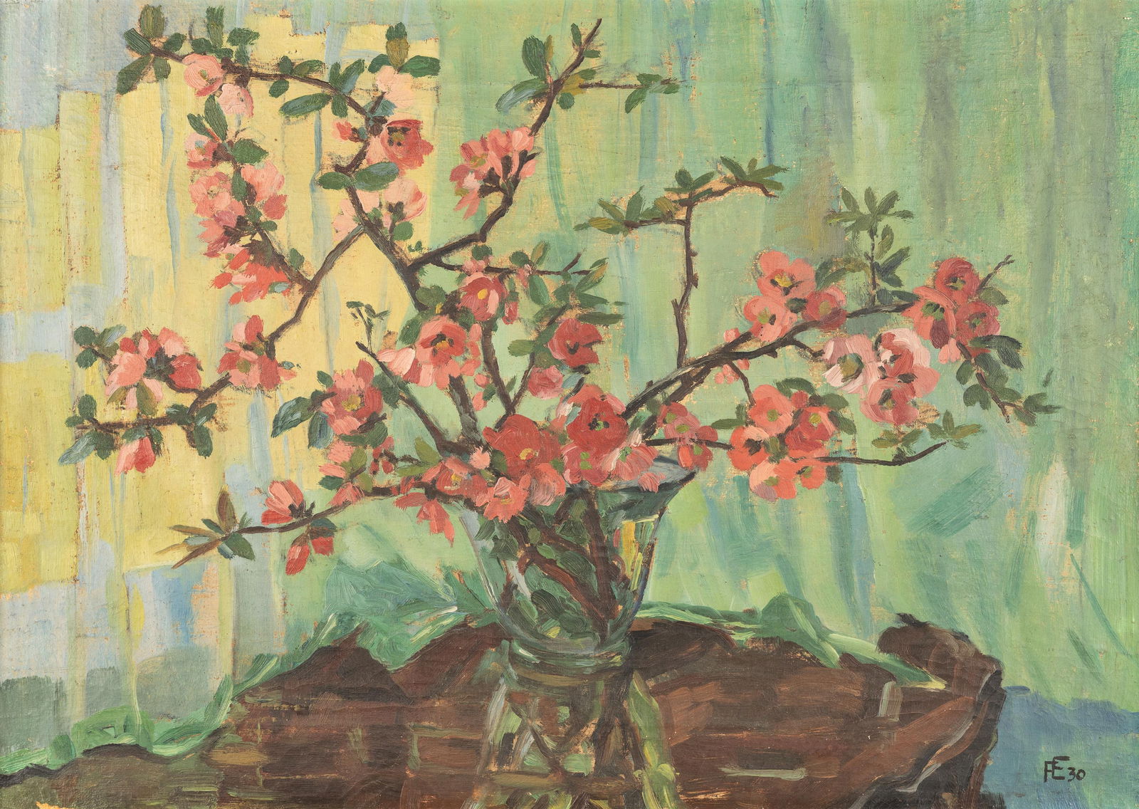 Felix Esterl: Blütenzweige in Vase: Felix Esterl Blütenzweige in Vase 1930 Öl auf Leinwand; gerahmt 51 x 70,5 cm Monogrammiert und datiert rechts unten: FE 30 Privatbesitz, Klagenfurt Ilse Spielvogel-Bodo, Felix Esterl.
