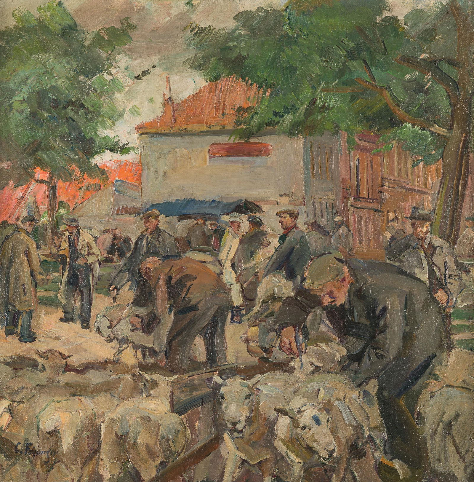 Carl Fahringer: Schafschur: Carl Fahringer Schafschur Öl auf Leinwand; gerahmt 41 x 42 cm Signiert links unten: C. Fahringer Privatbesitz, Deutschland Carl Fahringer Sheep shearing oil on canvas; framed 41 x 42 cm