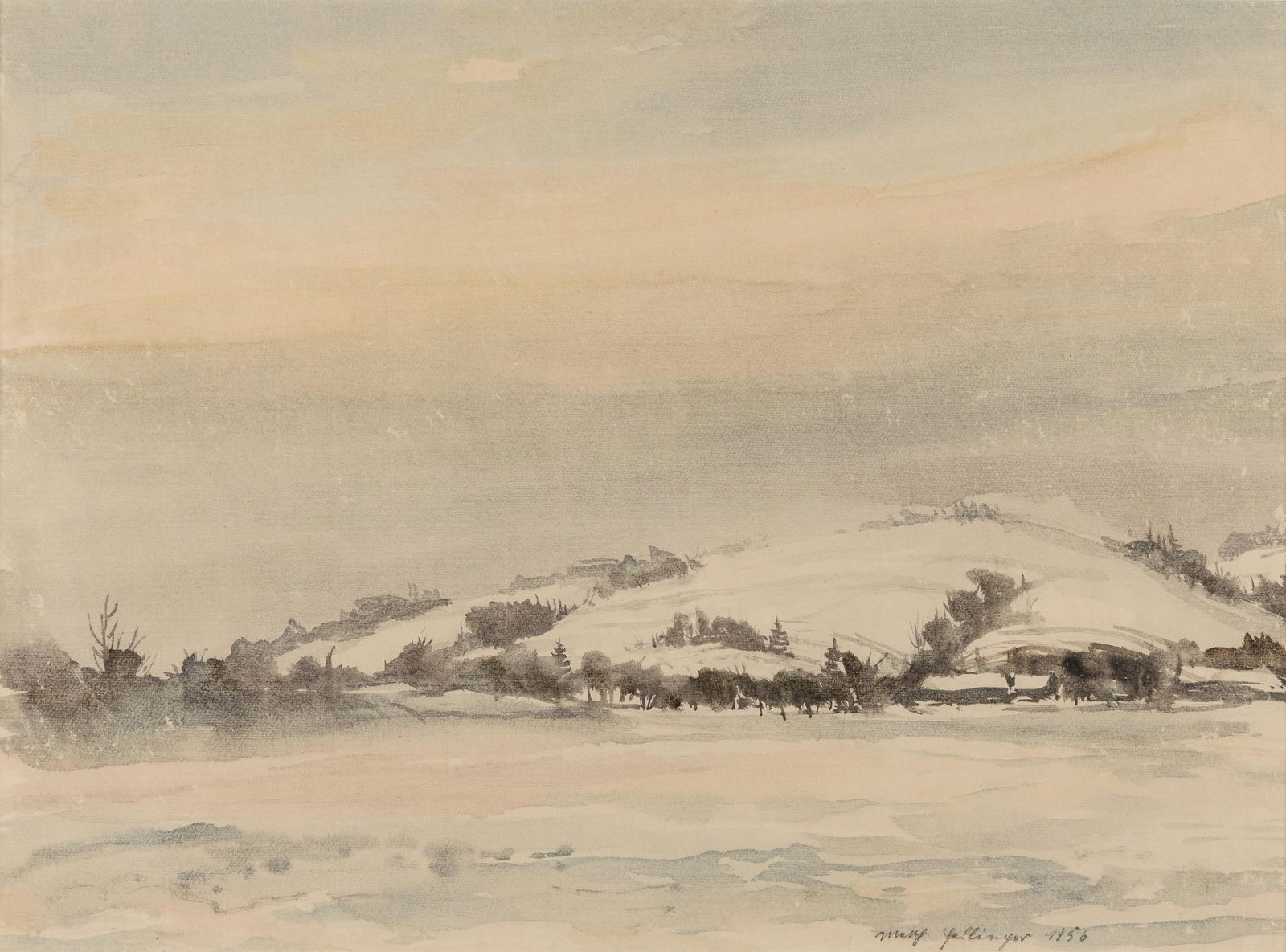 Matthäus Fellinger: Winterlandschaft: Matthäus Fellinger Winterlandschaft 1956 Aquarell auf Papier; gerahmt 43,5 x 59,5 (Passep.-Ausschnitt) Signiert und datiert rechts unten: Matth. Fellinger 1956 österreichischer Privatbesitz