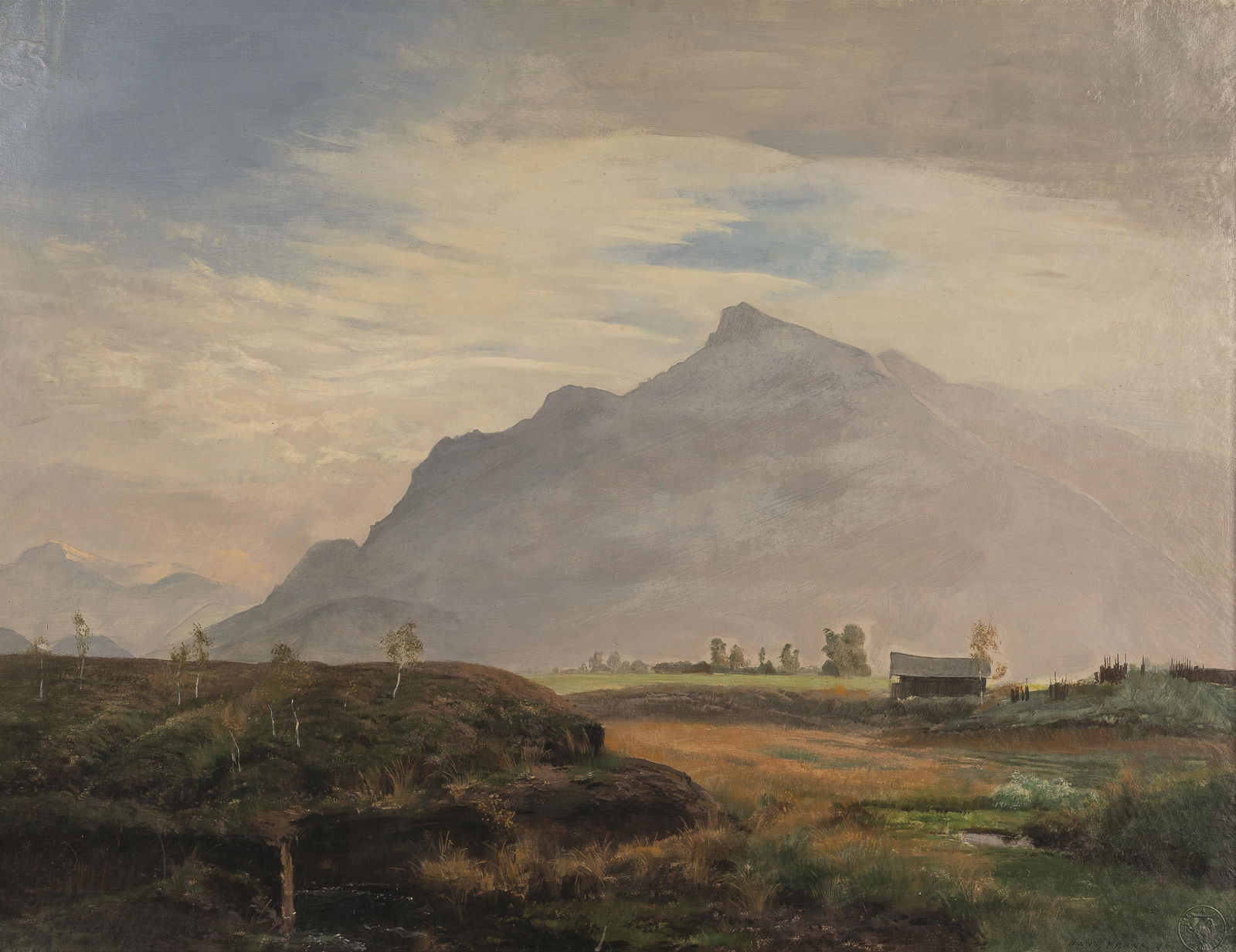 Hans Frank: Abendlandschaft mit Blick auf den Untersberg: Hans Frank Abendlandschaft mit Blick auf den Untersberg 1946 Öl auf Karton; gerahmt 49 x 63,5 cm (Rahmenausschnitt) Signiert und datiert rechts unten: Hans Frank 46 Rückseitig
