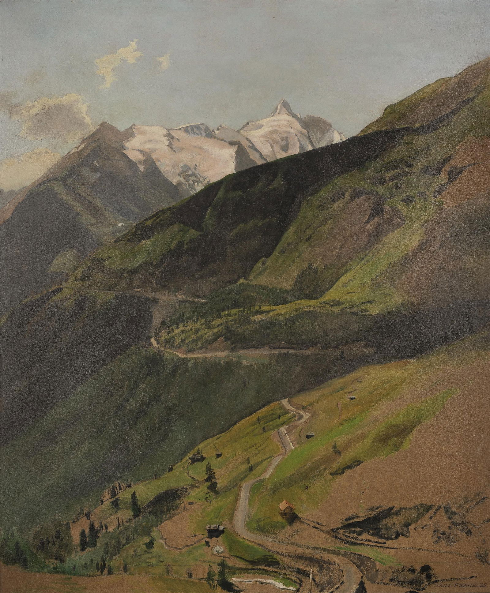 Hans Frank: Großglockner: Hans Frank Großglockner 1935 Öl auf Karton; gerahmt 59,5 x 49,3 cm (Rahmenausschnitt) Signiert und datiert rechts unten: Hans Frank 35 Rückseitig eigenhändig bezeichnet auf