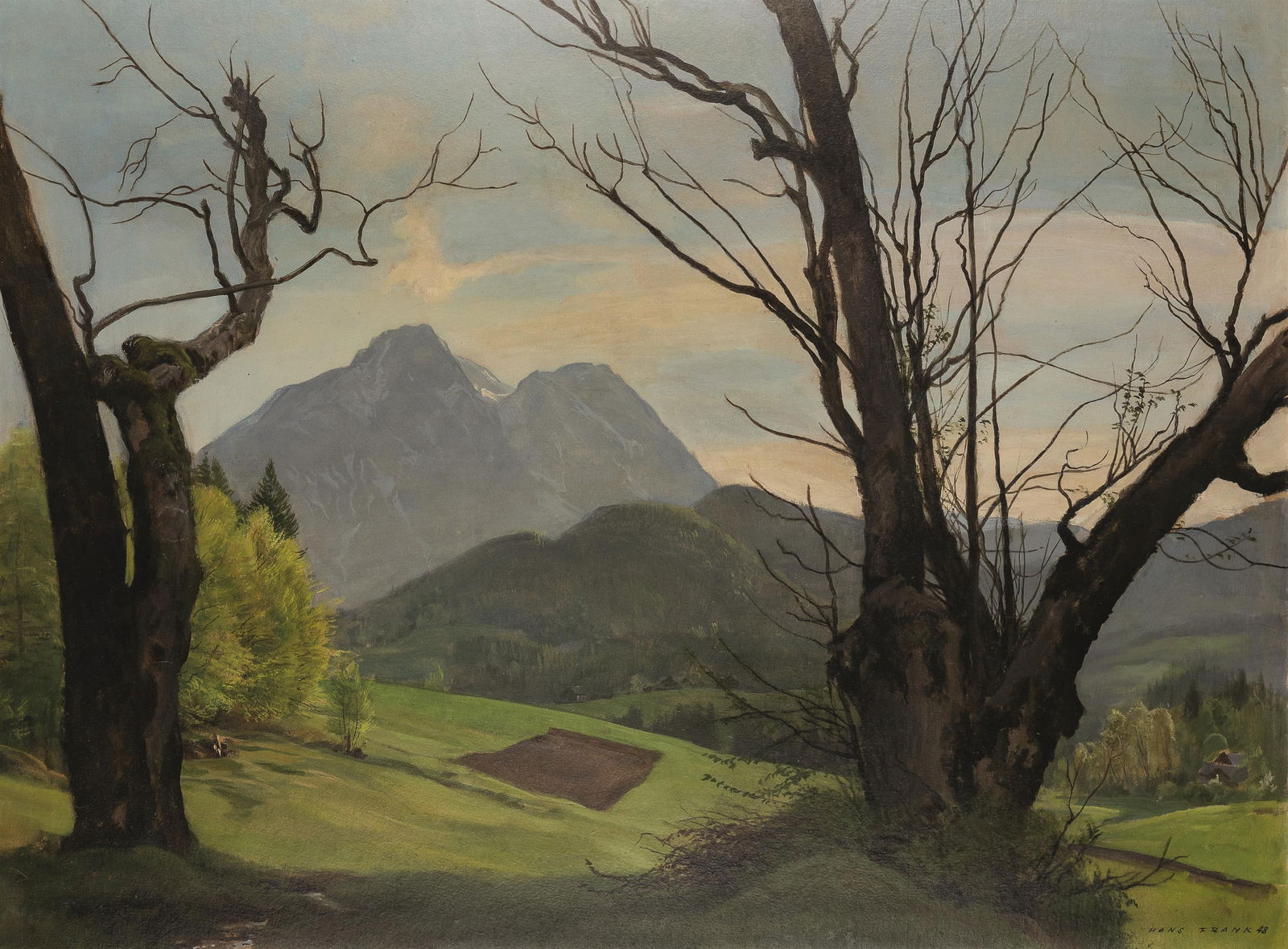 Hans Frank: Ausblick auf den Sarstein: Hans Frank Ausblick auf den Sarstein 1948 Öl auf Karton; gerahmt 47,5 x 63,4 cm (Rahmenausschnitt) SIgniert und datiert rechts unten: Hans Frank 48 Rückseitig eigenhändig bezeichnet: