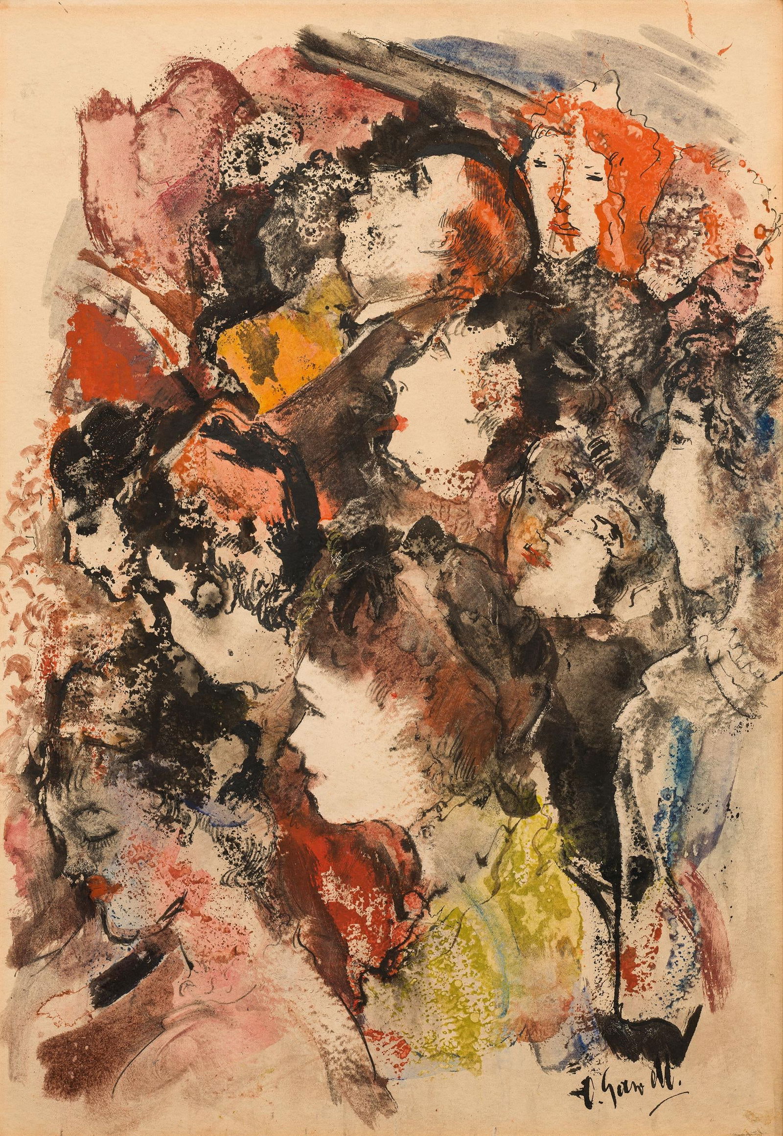 Oskar Gawell: Vor der Bühne: Oskar Gawell Vor der Bühne Mischtechnik auf Papier; gerahmt 59 x 41 cm (Rahmenausschnitt) Signiert rechts unten: O. Gawell österreichischer Privatbesitz Oskar Gawell In front of the