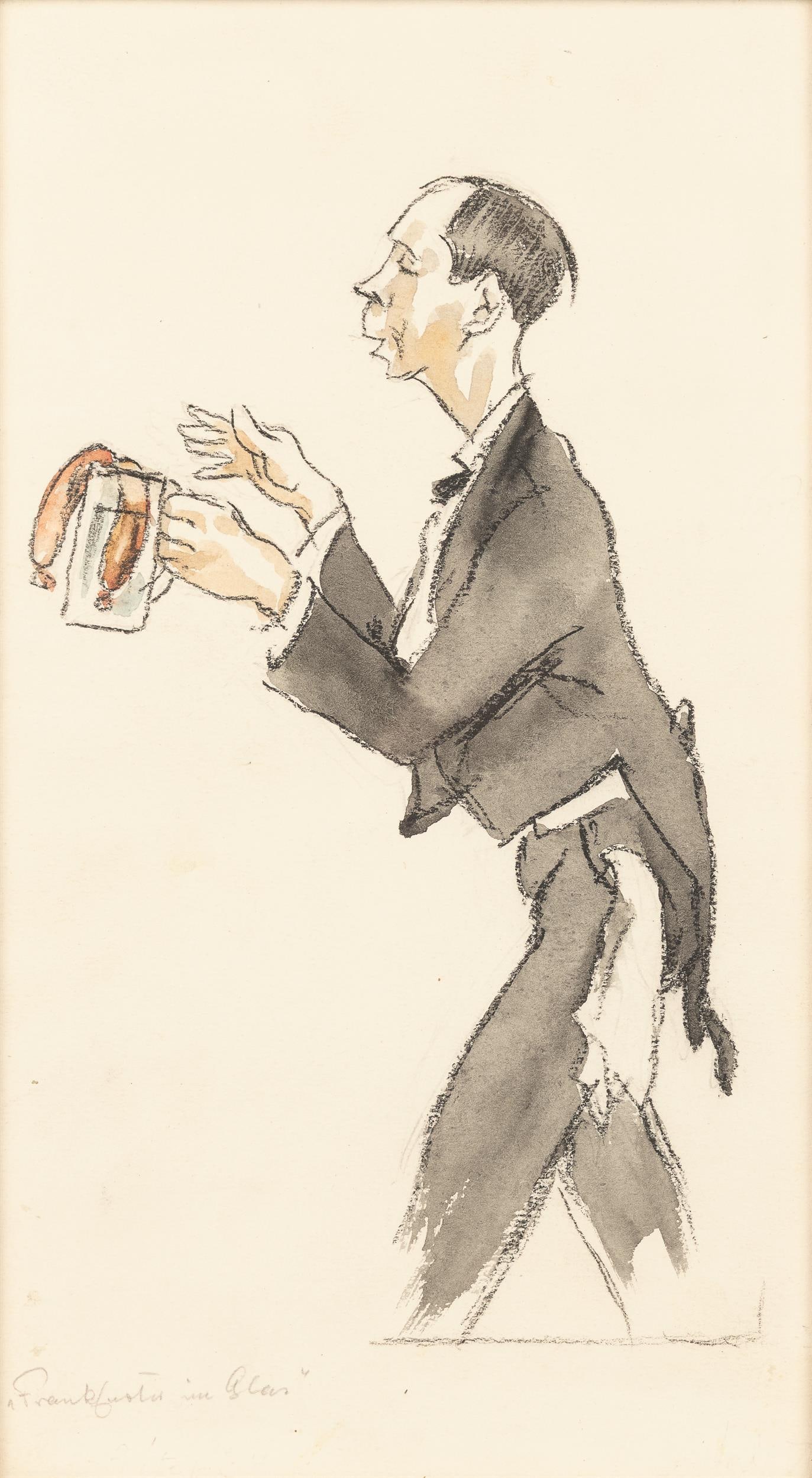 Alfred Gerstenbrand: Frankfurter im Glas: Alfred Gerstenbrand Frankfurter im Glas Mischtechnik auf Papier; gerahmt 28 x 16 cm (Rahmenausschnitt) Eigenhändig bezeichnet links unten: "Frankfurter im Glas" Privatsammlung, Österreich 
