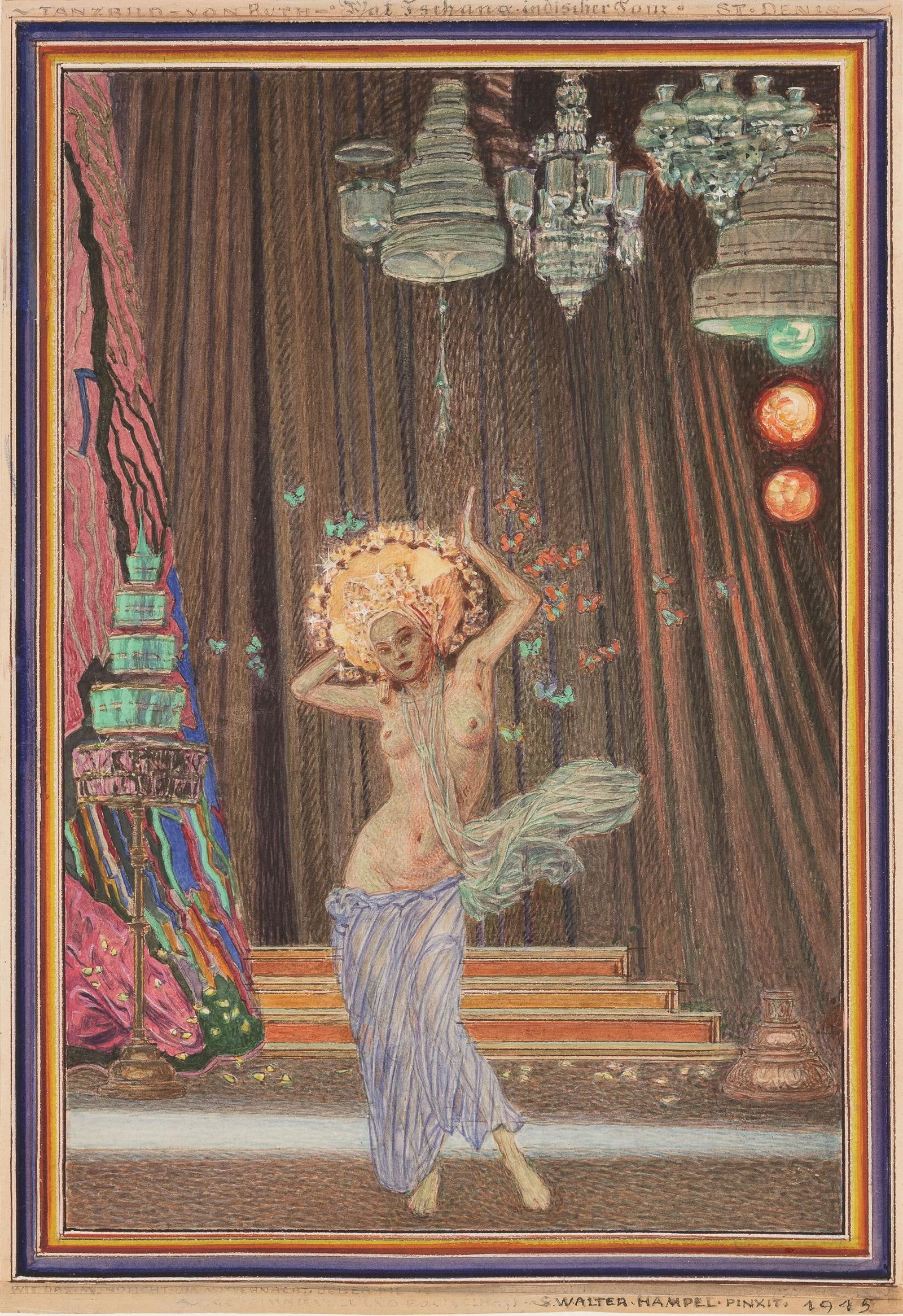 Sigmund Walter Hampel: Tanzbild von Ruth: Sigmund Walter Hampel Tanzbild von Ruth 1915 Mischtechnik auf Papier; gerahmt 37 x 24,5 cm Signiert und datiert rechts unten: S. Walter Hampel pinxit 1915 Bezeichnet oben: Tanzbild - von - Ruth -
