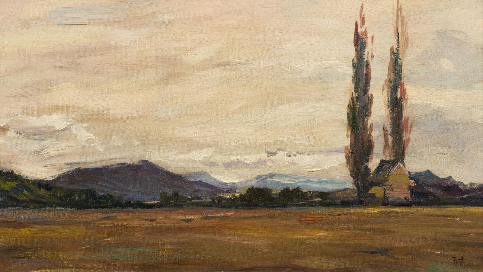 Leopold Hauer: Motiv aus Kärnten: Leopold Hauer Motiv aus Kärnten 1944 Öl auf Hartfaserplatte; gerahmt 33 x 58,5 cm Monogrammiert und datiert rechts unten: LH (ligiert) / 44 Rückseitig auf altem Etikett auf